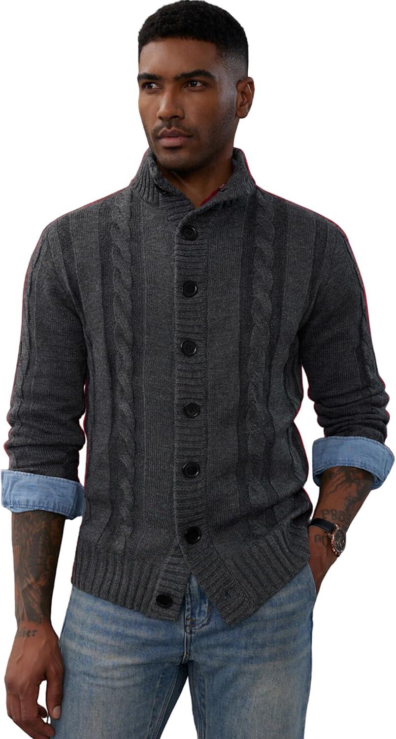 imagePJ PAUL JONES Mens Cable Knit Cardigan Sweaters Casual Stand Collar Slim Fit Long Sleeve Button Down SweatersDark Gray