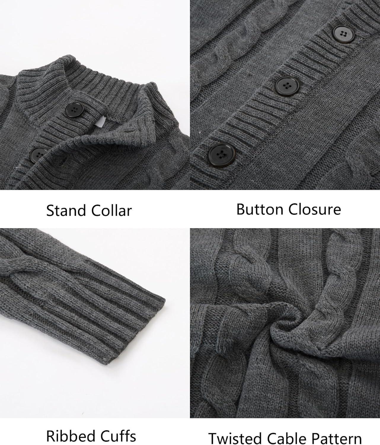 imagePJ PAUL JONES Mens Cable Knit Cardigan Sweaters Casual Stand Collar Slim Fit Long Sleeve Button Down SweatersDark Gray