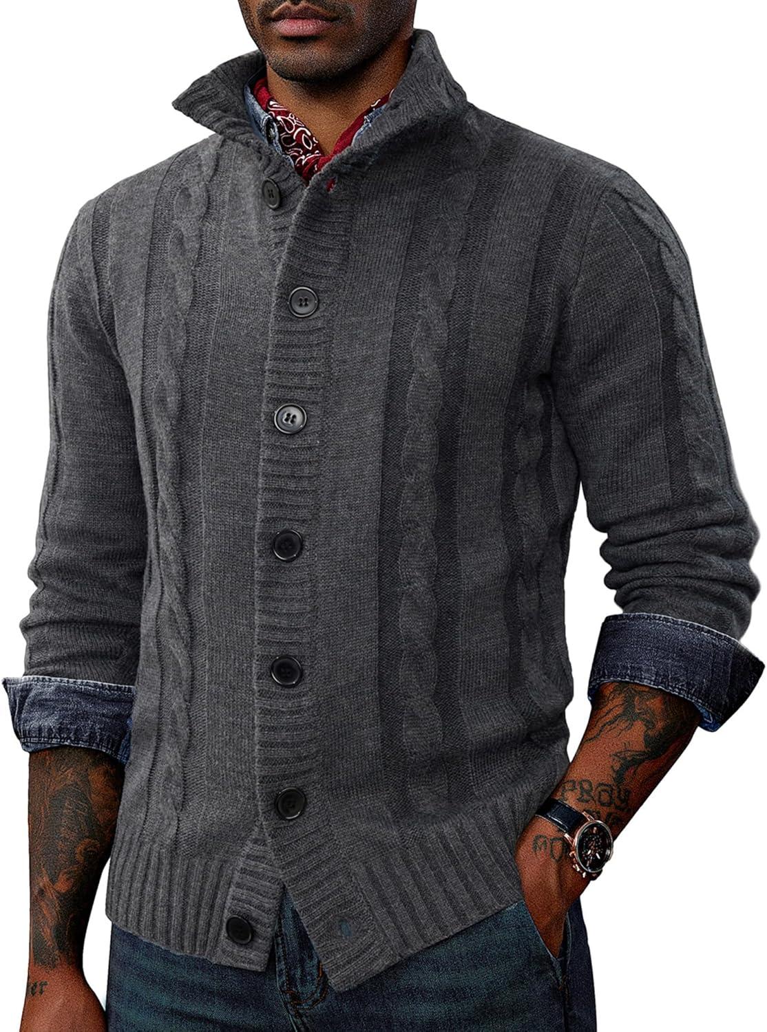 imagePJ PAUL JONES Mens Cable Knit Cardigan Sweaters Casual Stand Collar Slim Fit Long Sleeve Button Down SweatersDark Gray