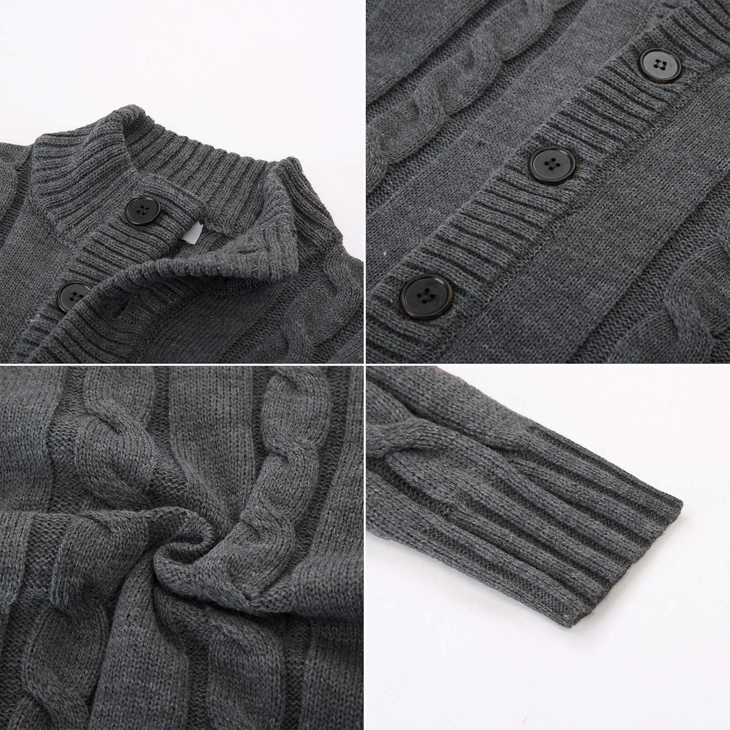 imagePJ PAUL JONES Mens Cable Knit Cardigan Sweaters Casual Stand Collar Slim Fit Long Sleeve Button Down SweatersDark Grey