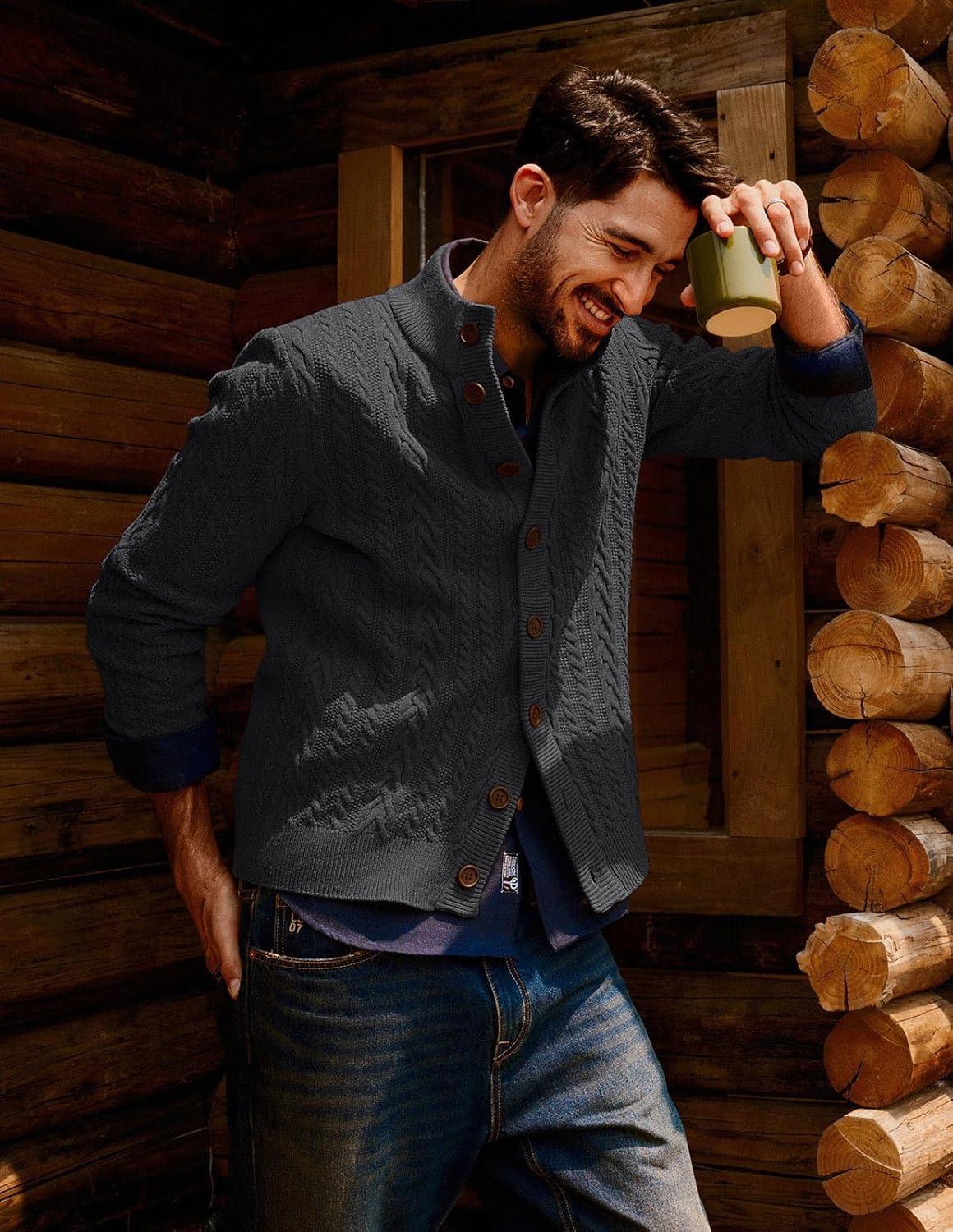 imagePJ PAUL JONES Mens Cable Knit Cardigan Sweaters Casual Stand Collar Slim Fit Long Sleeve Button Down SweatersDark Greycable