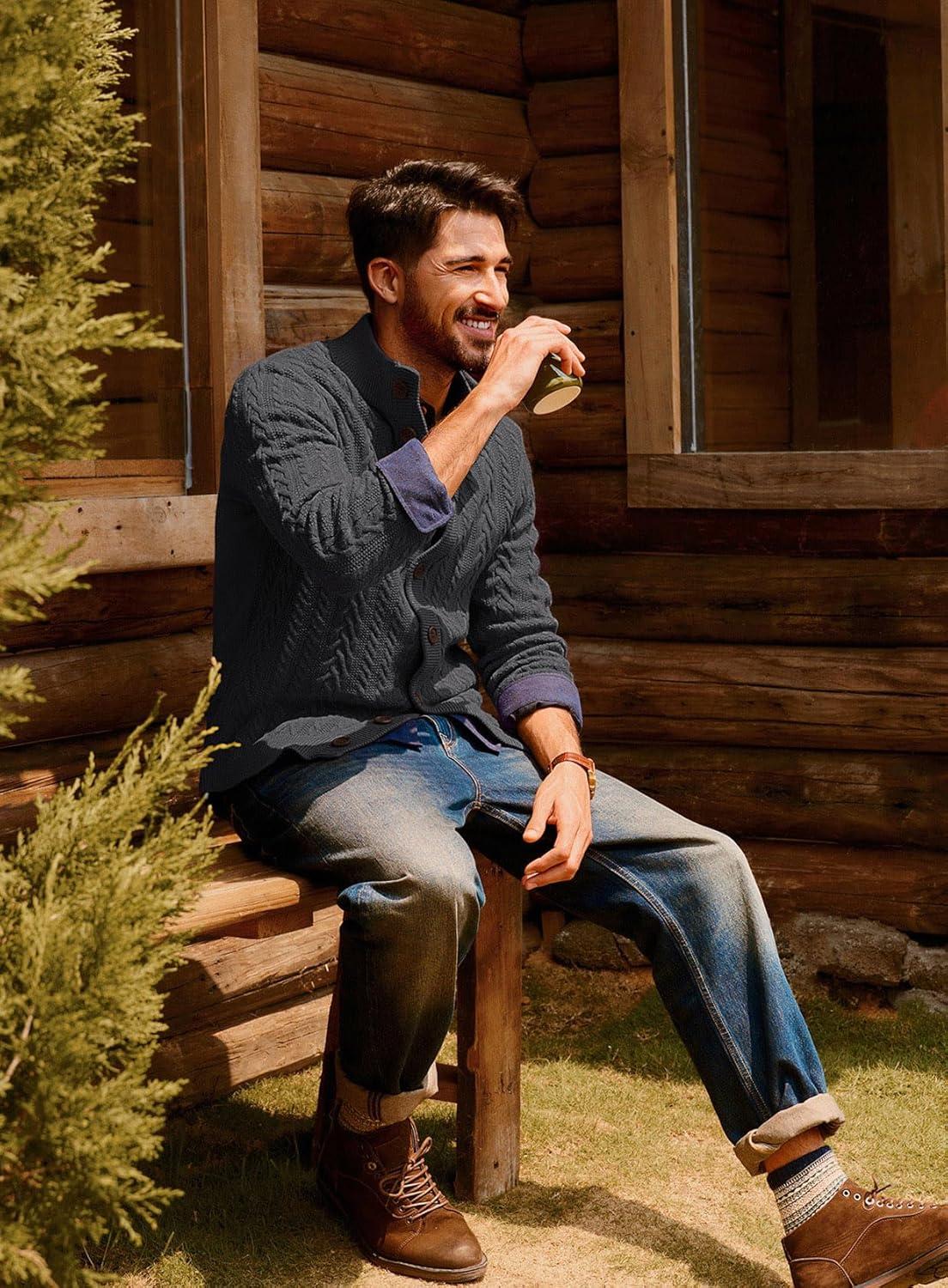 imagePJ PAUL JONES Mens Cable Knit Cardigan Sweaters Casual Stand Collar Slim Fit Long Sleeve Button Down SweatersDark Greycable