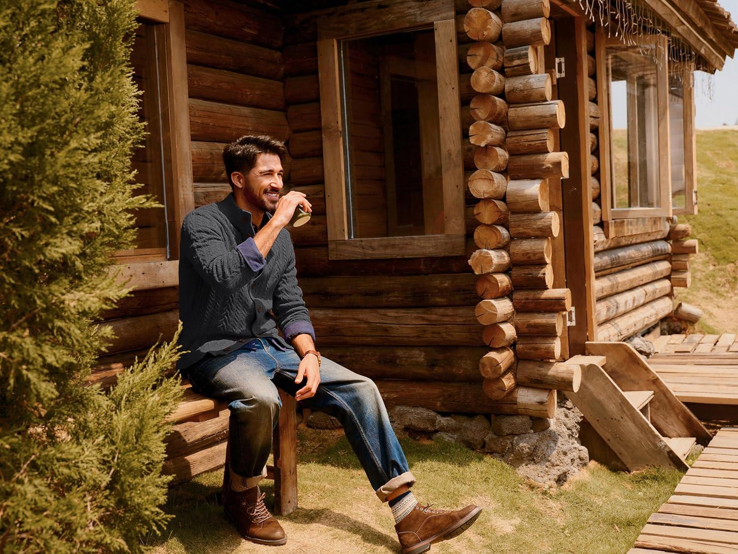 imagePJ PAUL JONES Mens Cable Knit Cardigan Sweaters Casual Stand Collar Slim Fit Long Sleeve Button Down SweatersDark Greycable