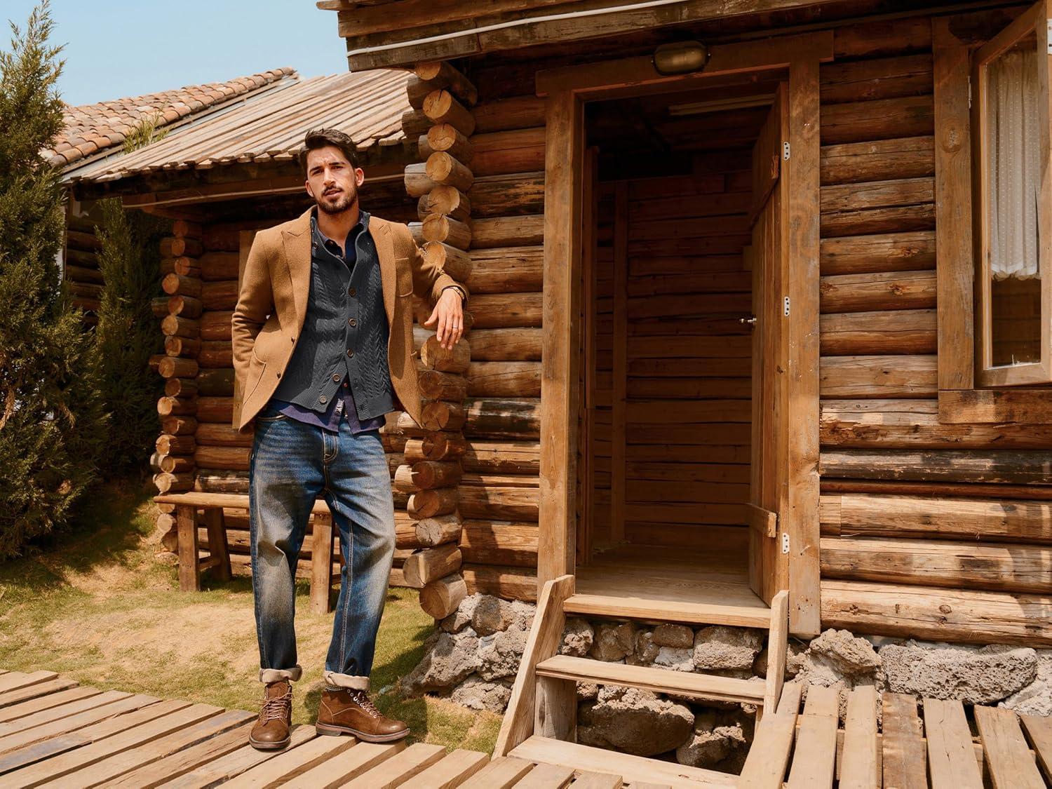 imagePJ PAUL JONES Mens Cable Knit Cardigan Sweaters Casual Stand Collar Slim Fit Long Sleeve Button Down SweatersDark Greycable