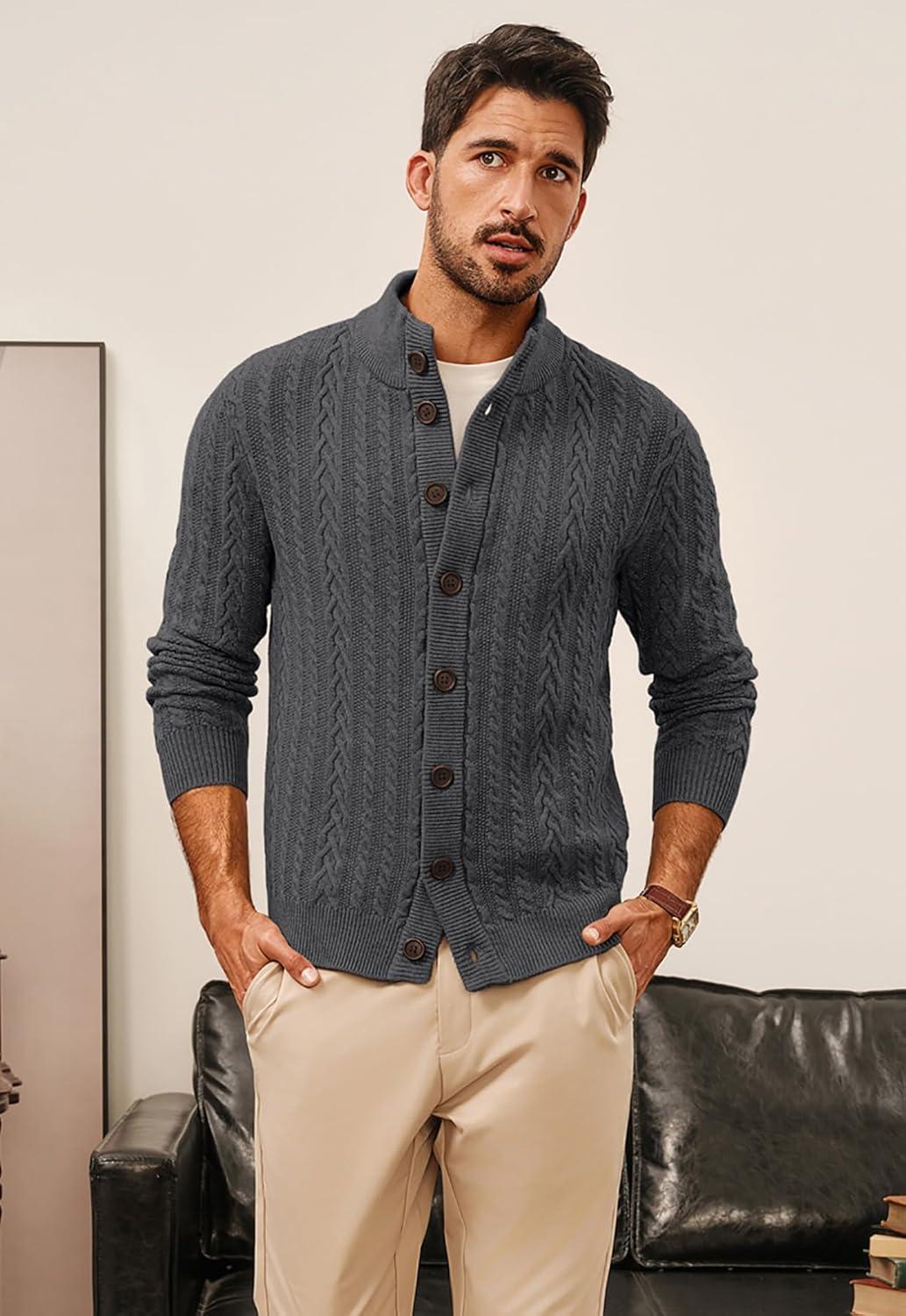 imagePJ PAUL JONES Mens Cable Knit Cardigan Sweaters Casual Stand Collar Slim Fit Long Sleeve Button Down SweatersDark Greycable