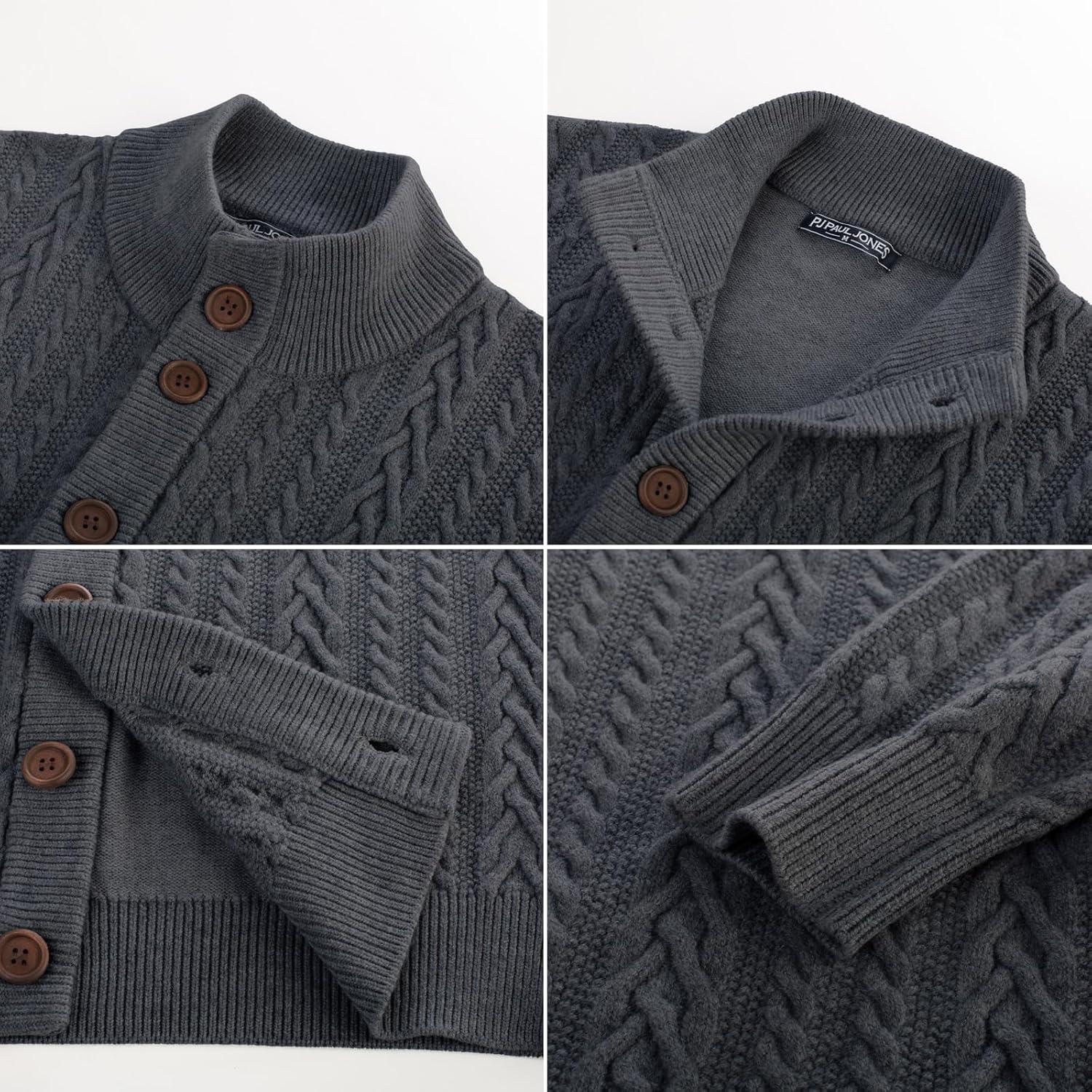 imagePJ PAUL JONES Mens Cable Knit Cardigan Sweaters Casual Stand Collar Slim Fit Long Sleeve Button Down SweatersDark Greycable