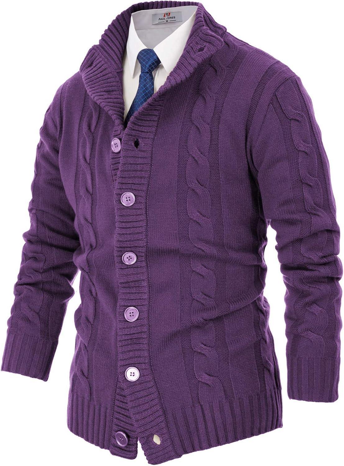 imagePJ PAUL JONES Mens Cable Knit Cardigan Sweaters Casual Stand Collar Slim Fit Long Sleeve Button Down SweatersDeep Purple