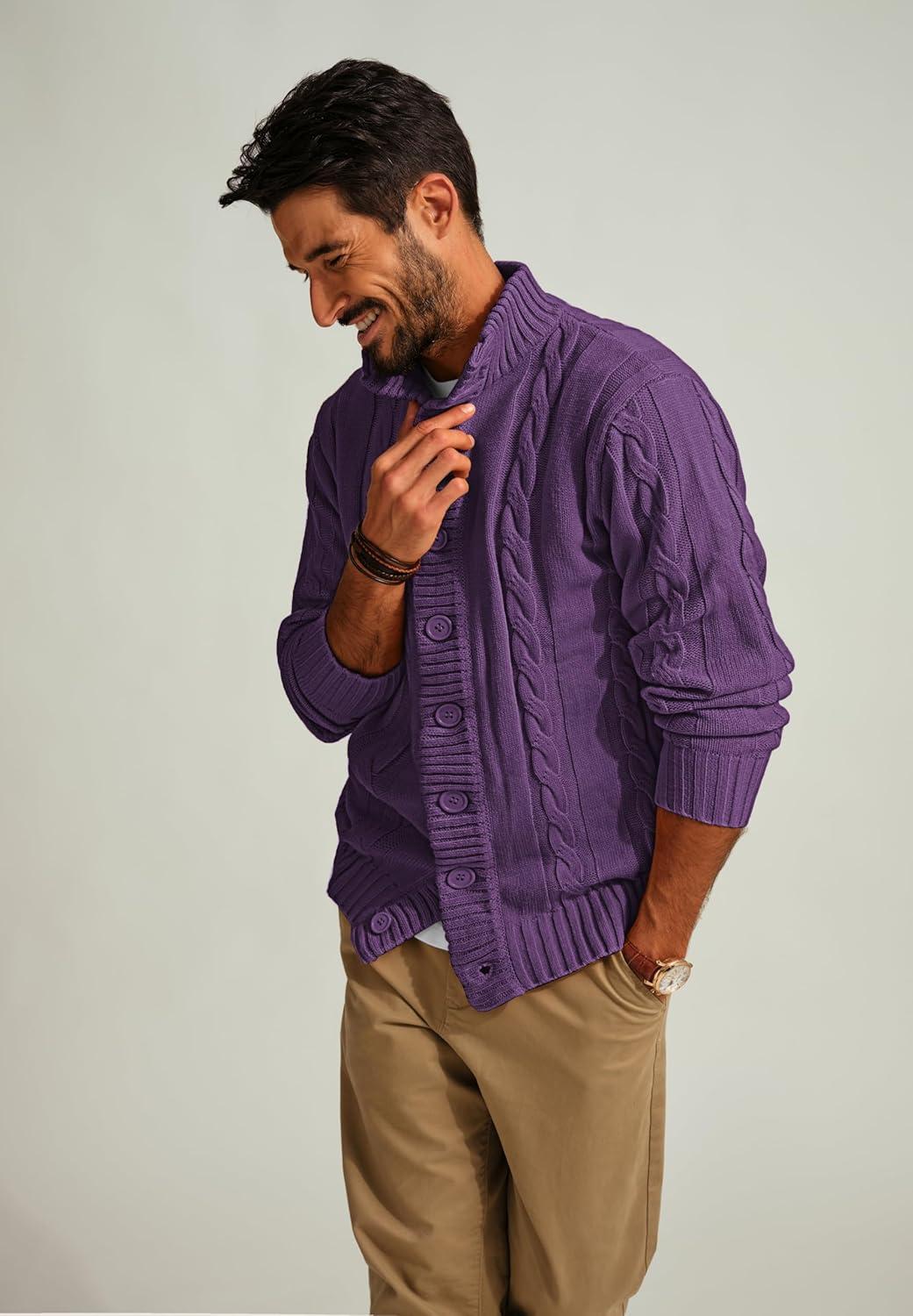 imagePJ PAUL JONES Mens Cable Knit Cardigan Sweaters Casual Stand Collar Slim Fit Long Sleeve Button Down SweatersDeep Purple