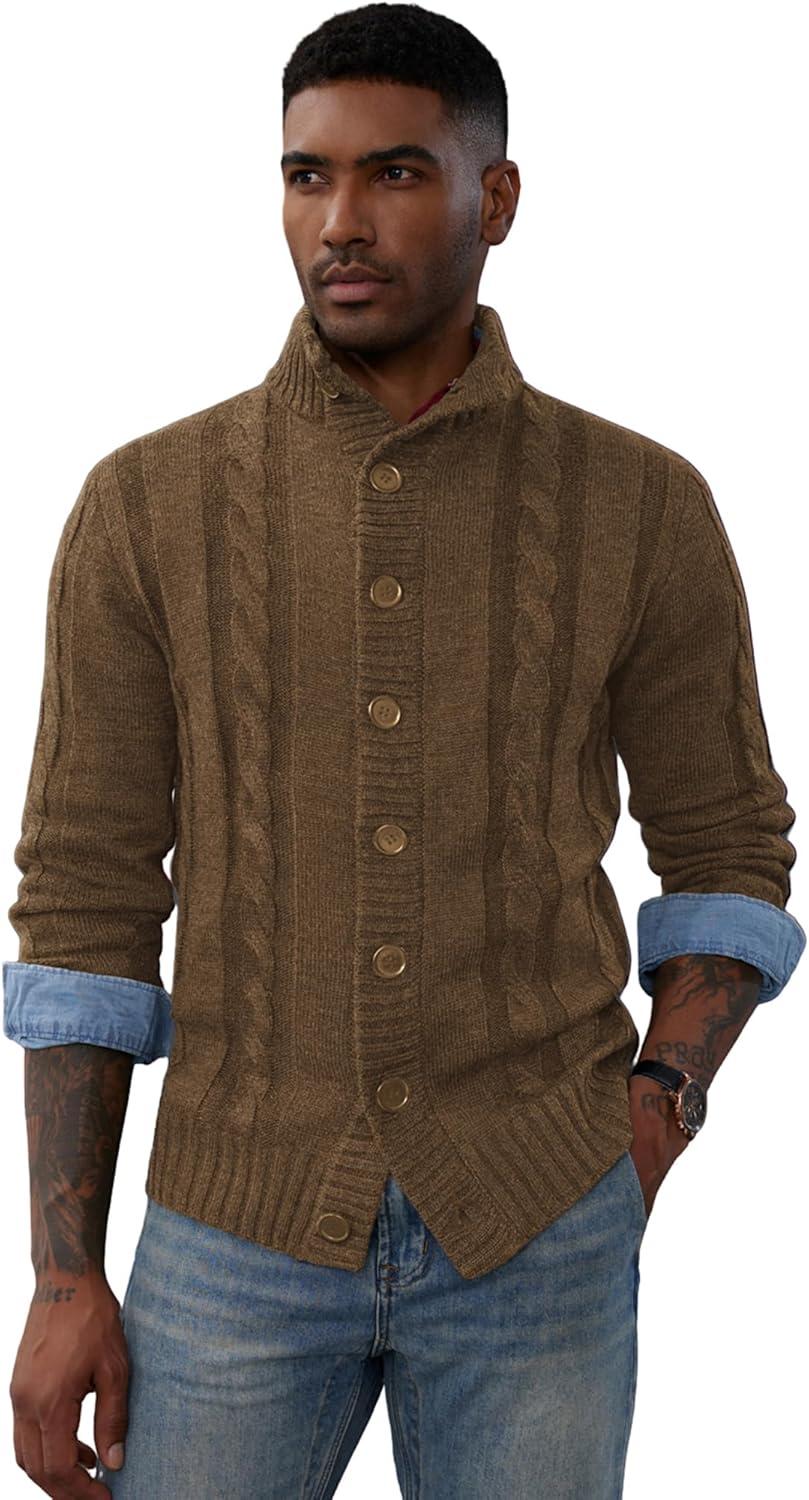 imagePJ PAUL JONES Mens Cable Knit Cardigan Sweaters Casual Stand Collar Slim Fit Long Sleeve Button Down SweatersLight Coffee