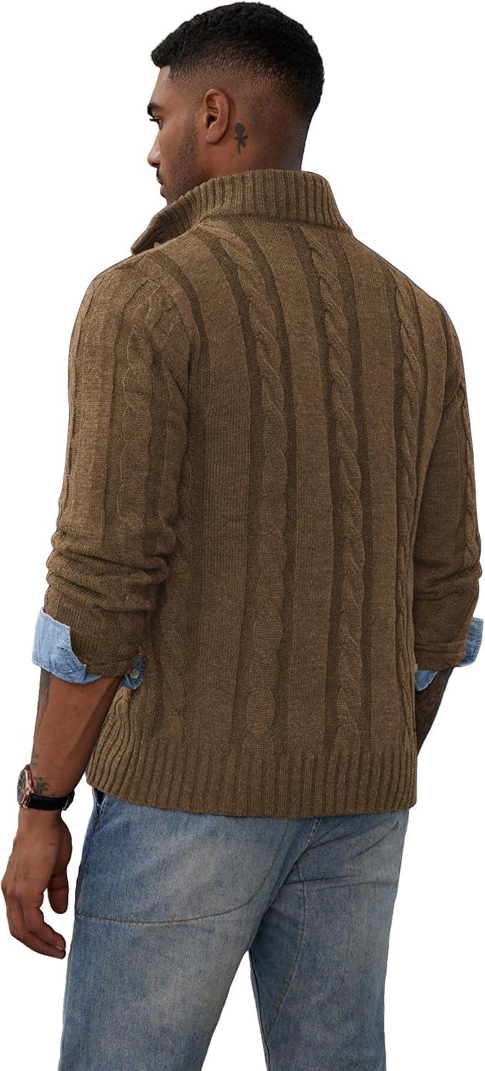 imagePJ PAUL JONES Mens Cable Knit Cardigan Sweaters Casual Stand Collar Slim Fit Long Sleeve Button Down SweatersLight Coffee