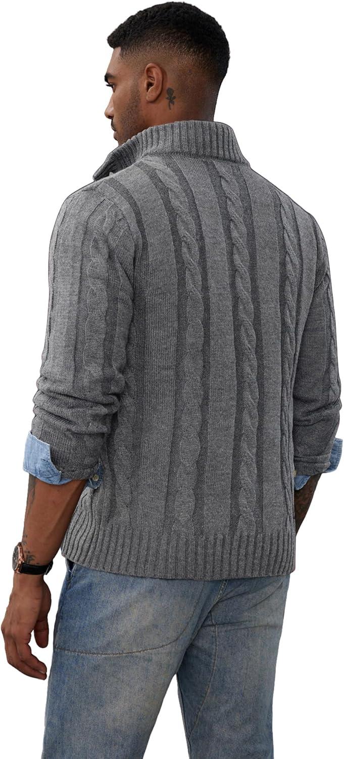 imagePJ PAUL JONES Mens Cable Knit Cardigan Sweaters Casual Stand Collar Slim Fit Long Sleeve Button Down SweatersLight Gray