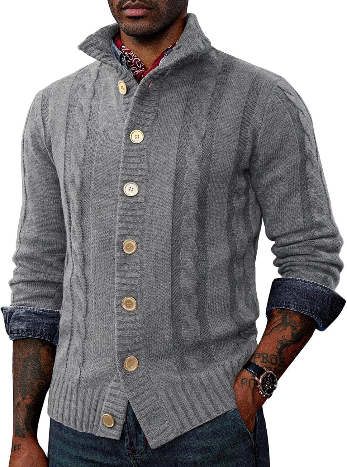 imagePJ PAUL JONES Mens Cable Knit Cardigan Sweaters Casual Stand Collar Slim Fit Long Sleeve Button Down SweatersLight Gray