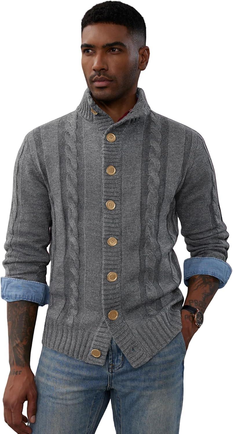 imagePJ PAUL JONES Mens Cable Knit Cardigan Sweaters Casual Stand Collar Slim Fit Long Sleeve Button Down SweatersLight Gray