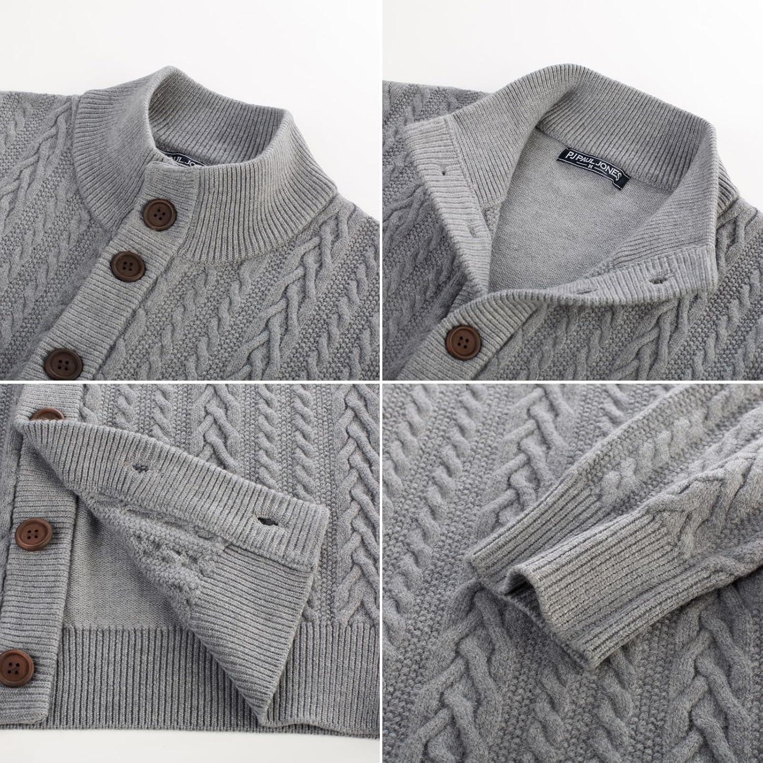 imagePJ PAUL JONES Mens Cable Knit Cardigan Sweaters Casual Stand Collar Slim Fit Long Sleeve Button Down SweatersLight Greycable