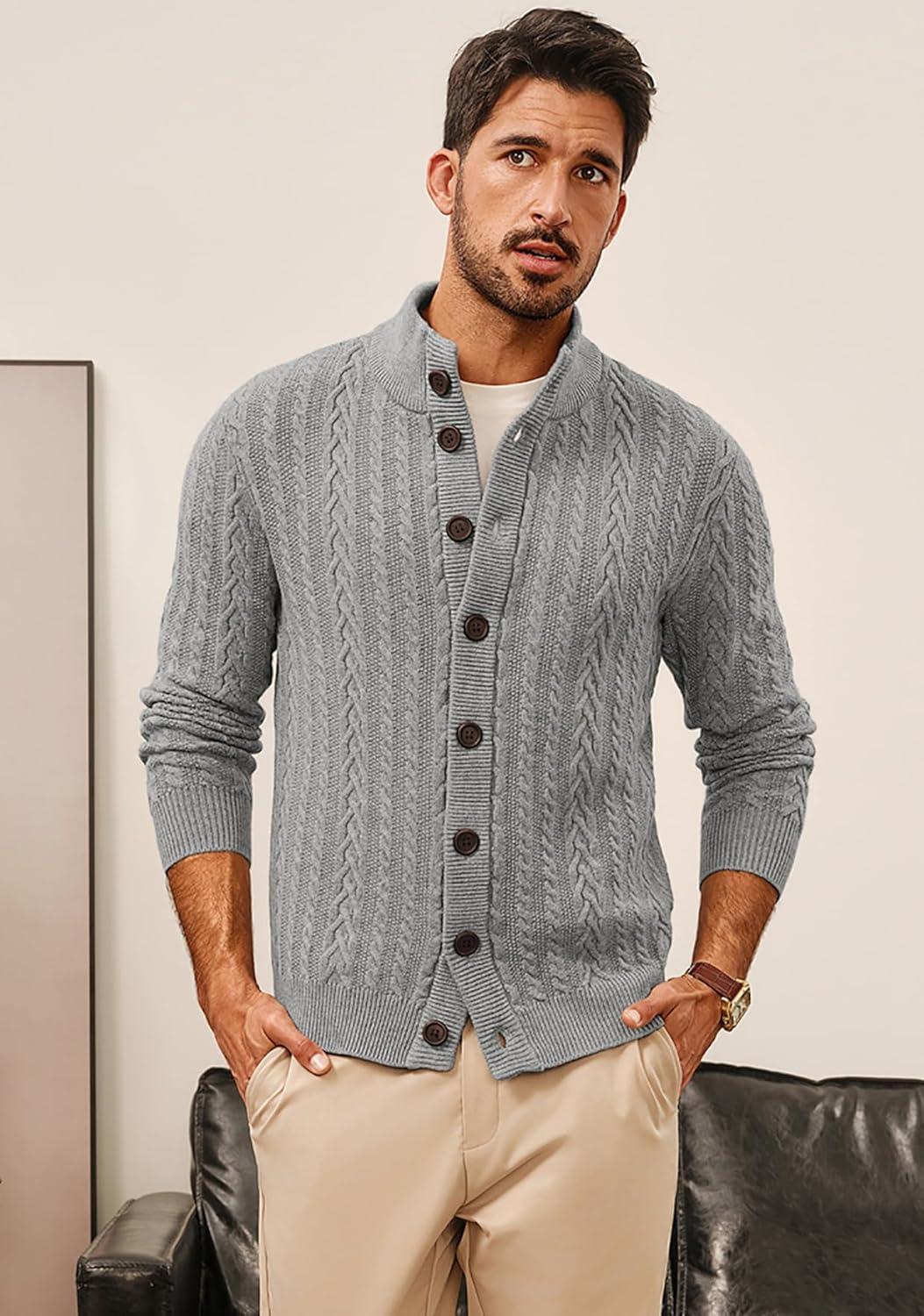 imagePJ PAUL JONES Mens Cable Knit Cardigan Sweaters Casual Stand Collar Slim Fit Long Sleeve Button Down SweatersLight Greycable