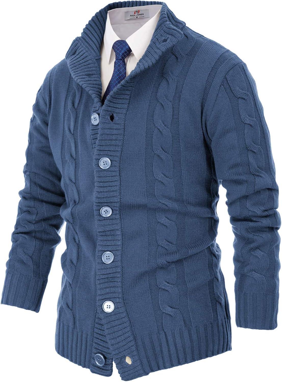 imagePJ PAUL JONES Mens Cable Knit Cardigan Sweaters Casual Stand Collar Slim Fit Long Sleeve Button Down SweatersLight Navy Blue