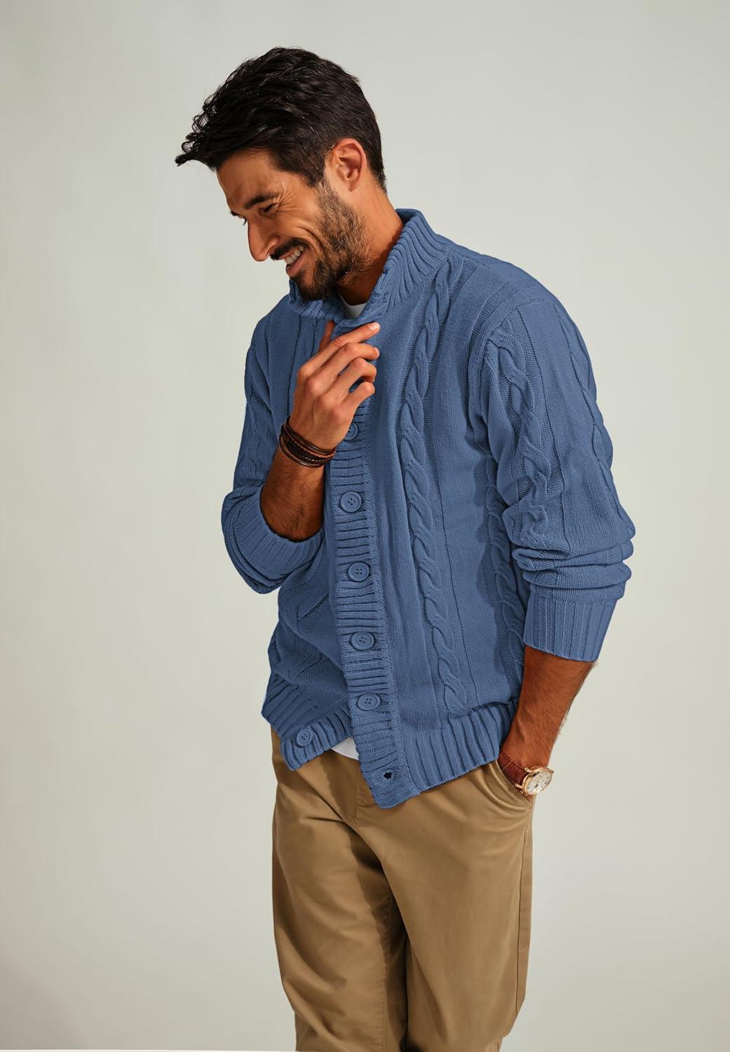 imagePJ PAUL JONES Mens Cable Knit Cardigan Sweaters Casual Stand Collar Slim Fit Long Sleeve Button Down SweatersLight Navy Blue