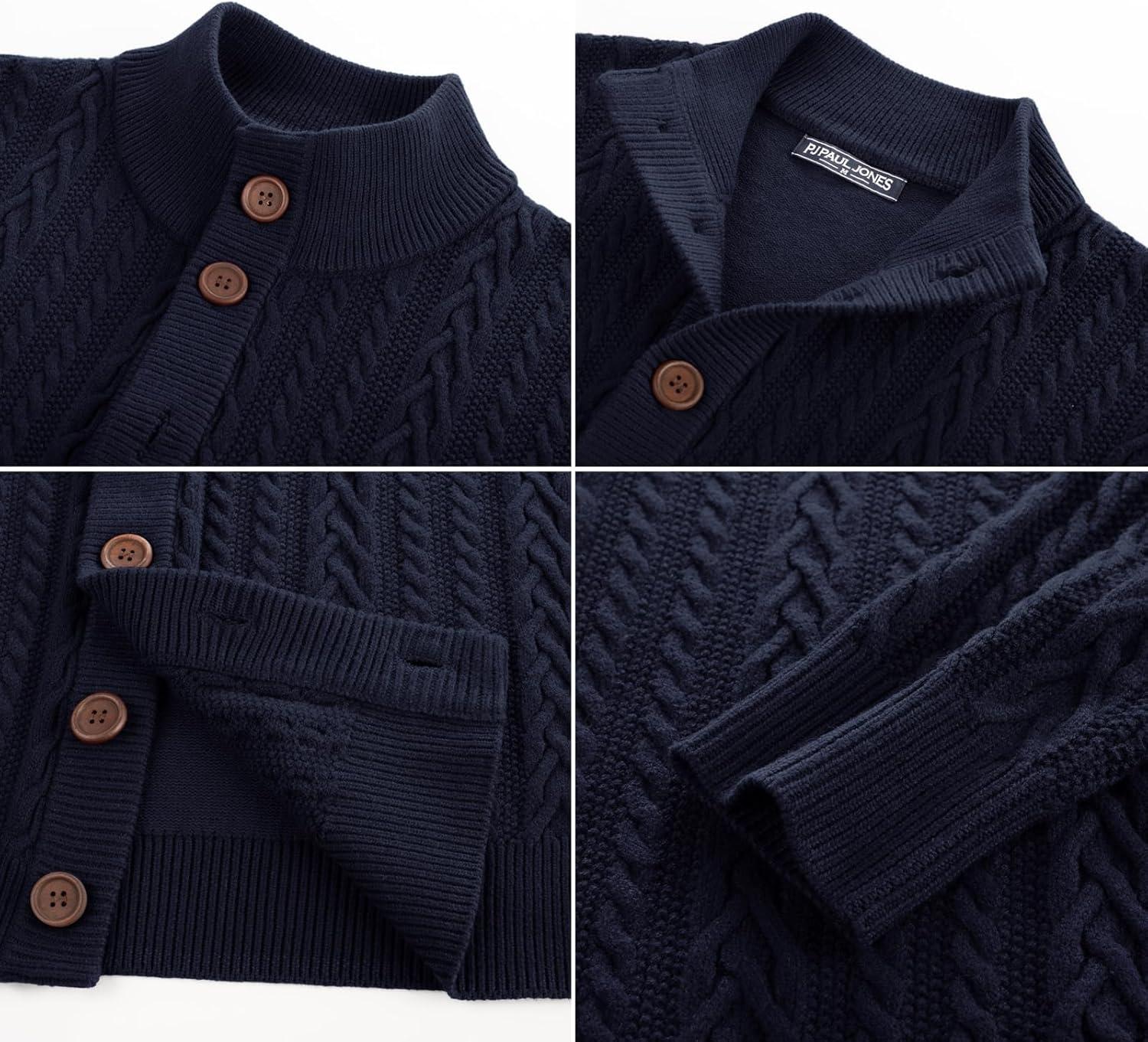 imagePJ PAUL JONES Mens Cable Knit Cardigan Sweaters Casual Stand Collar Slim Fit Long Sleeve Button Down SweatersNavy Bluecable