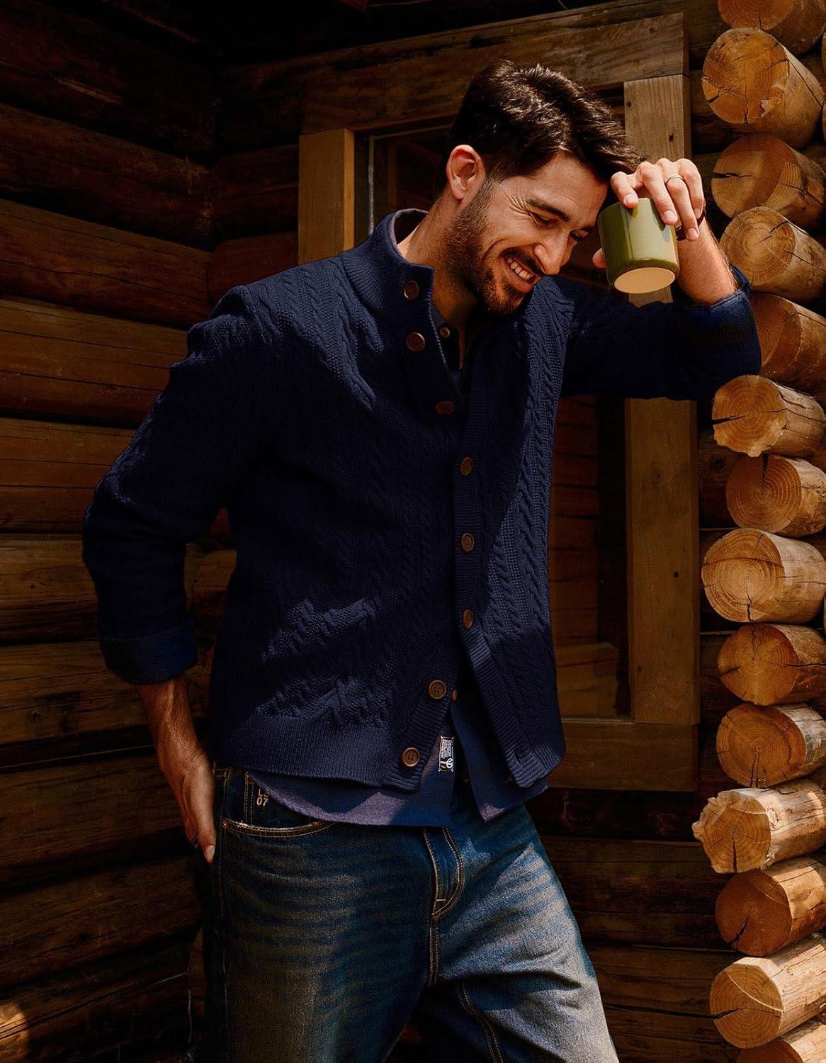 imagePJ PAUL JONES Mens Cable Knit Cardigan Sweaters Casual Stand Collar Slim Fit Long Sleeve Button Down SweatersNavy Bluecable