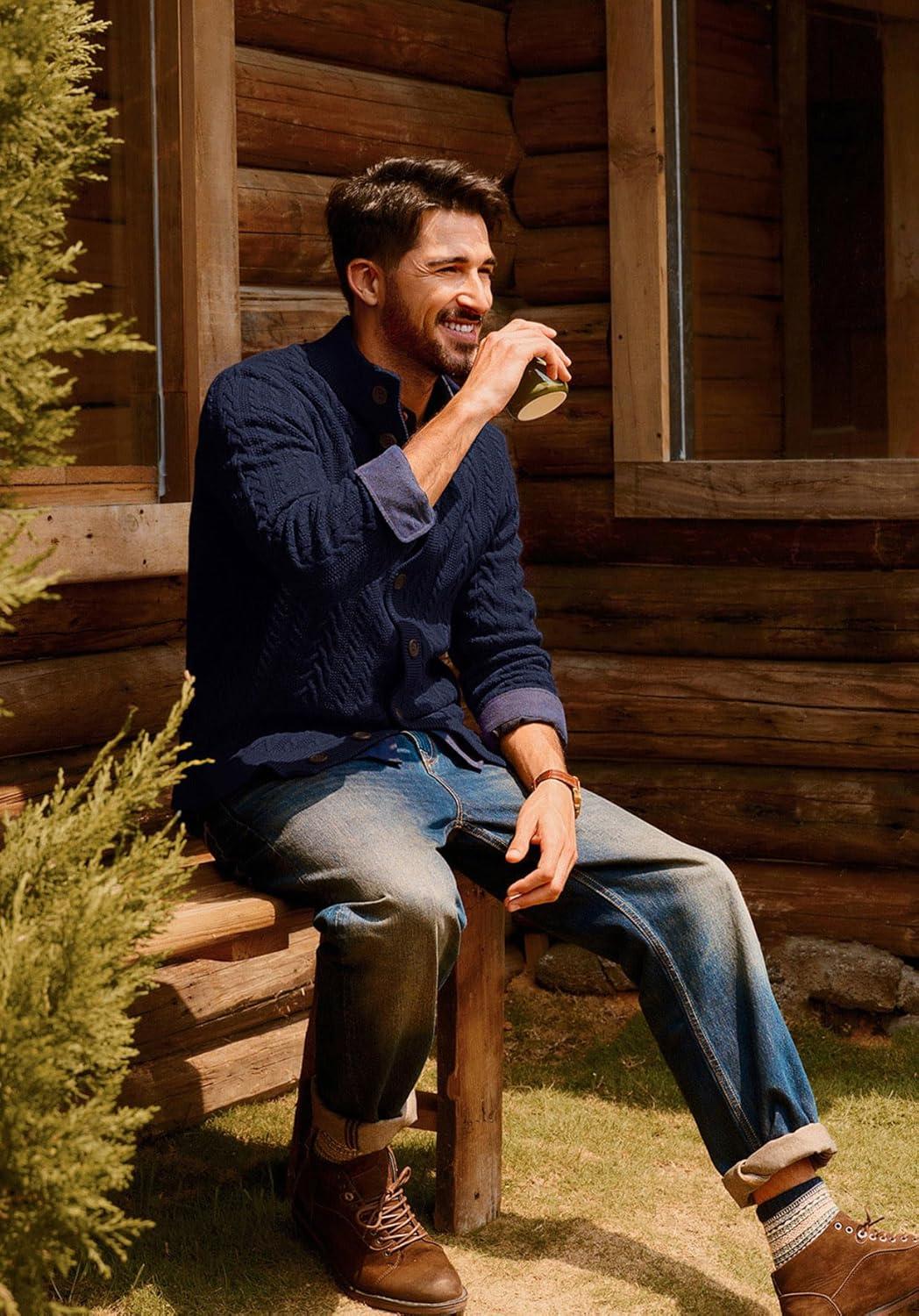 imagePJ PAUL JONES Mens Cable Knit Cardigan Sweaters Casual Stand Collar Slim Fit Long Sleeve Button Down SweatersNavy Bluecable