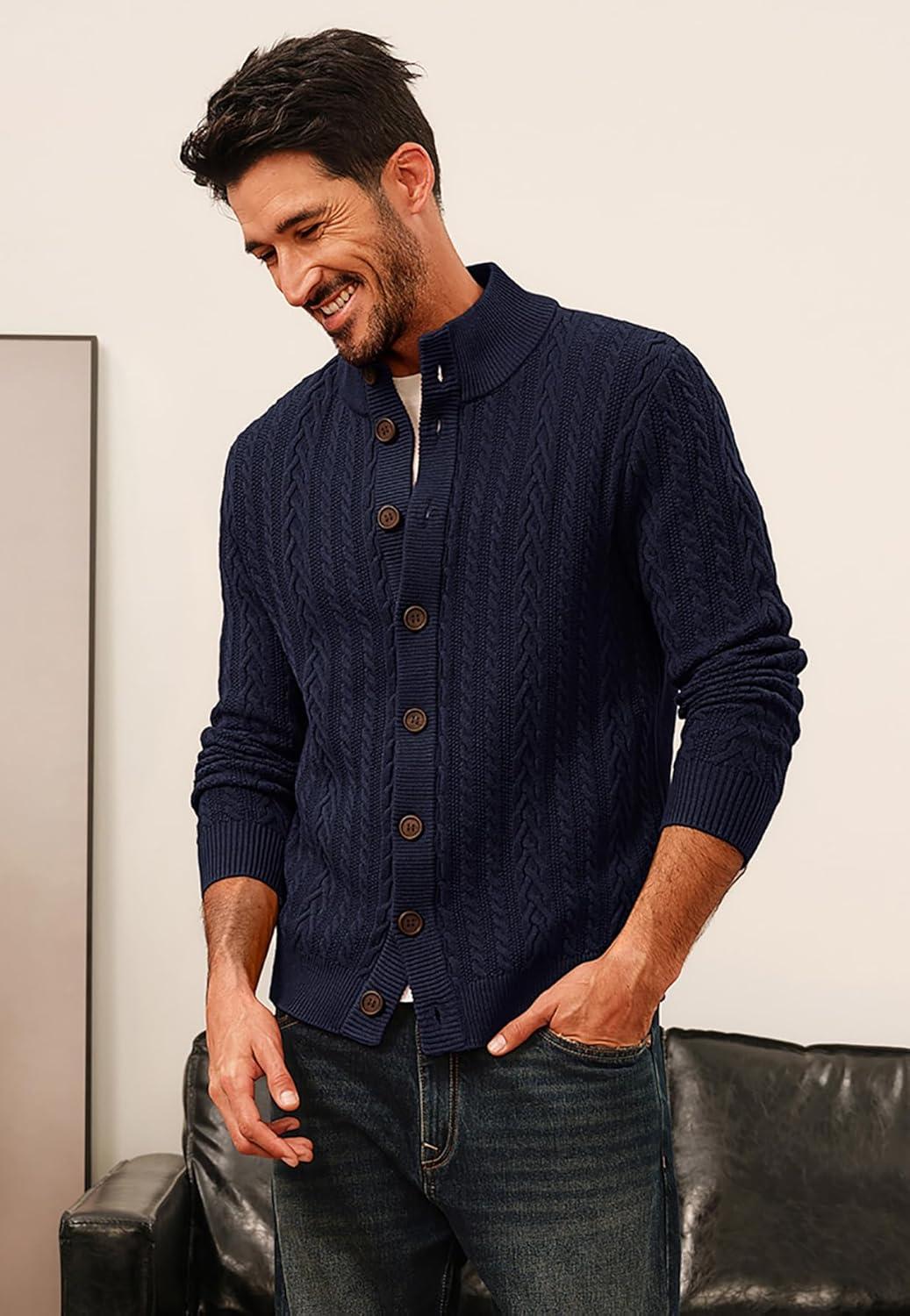 imagePJ PAUL JONES Mens Cable Knit Cardigan Sweaters Casual Stand Collar Slim Fit Long Sleeve Button Down SweatersNavy Bluecable