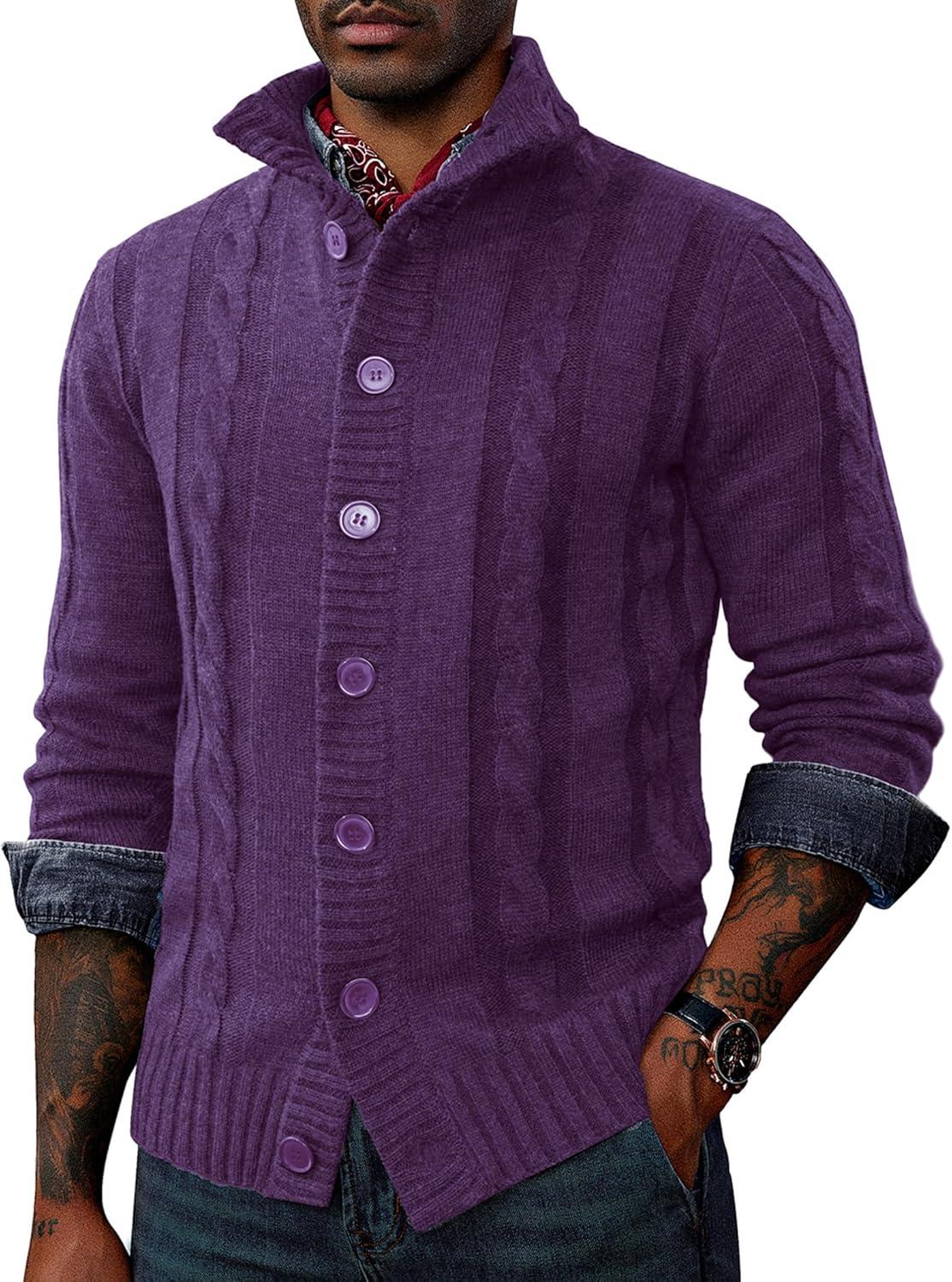 imagePJ PAUL JONES Mens Cable Knit Cardigan Sweaters Casual Stand Collar Slim Fit Long Sleeve Button Down SweatersPurple
