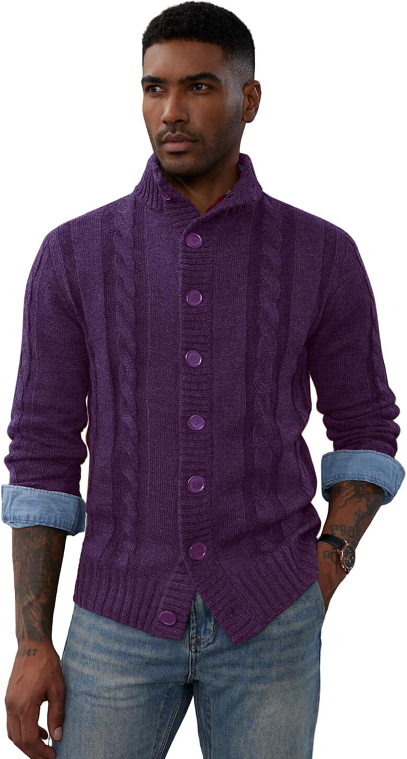 imagePJ PAUL JONES Mens Cable Knit Cardigan Sweaters Casual Stand Collar Slim Fit Long Sleeve Button Down SweatersPurple