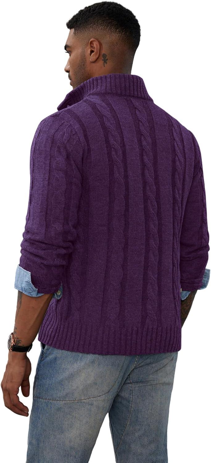 imagePJ PAUL JONES Mens Cable Knit Cardigan Sweaters Casual Stand Collar Slim Fit Long Sleeve Button Down SweatersPurple