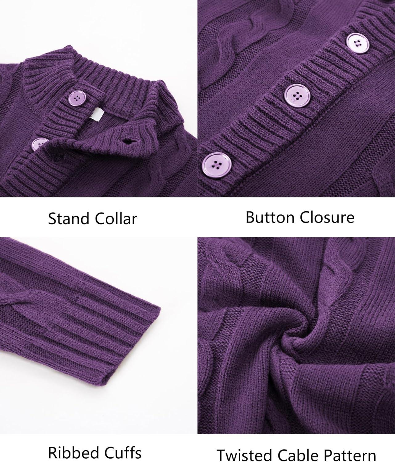 imagePJ PAUL JONES Mens Cable Knit Cardigan Sweaters Casual Stand Collar Slim Fit Long Sleeve Button Down SweatersPurple