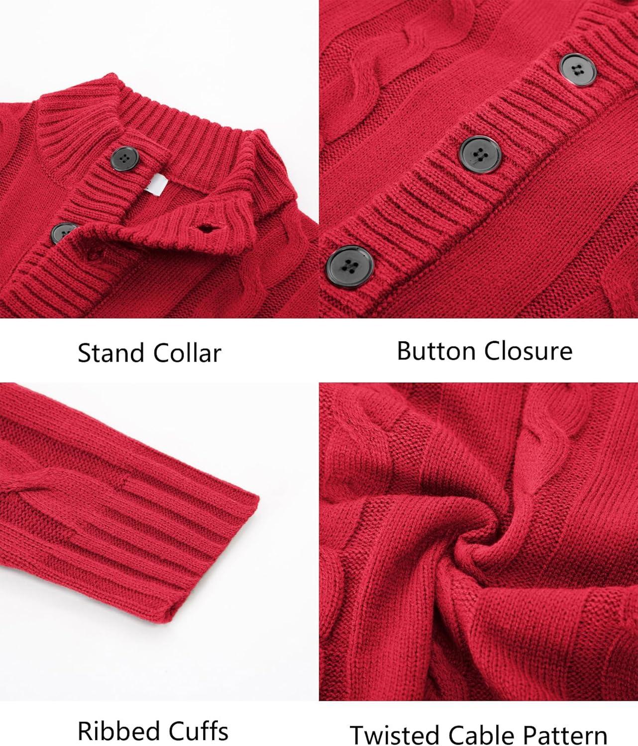 imagePJ PAUL JONES Mens Cable Knit Cardigan Sweaters Casual Stand Collar Slim Fit Long Sleeve Button Down SweatersRed