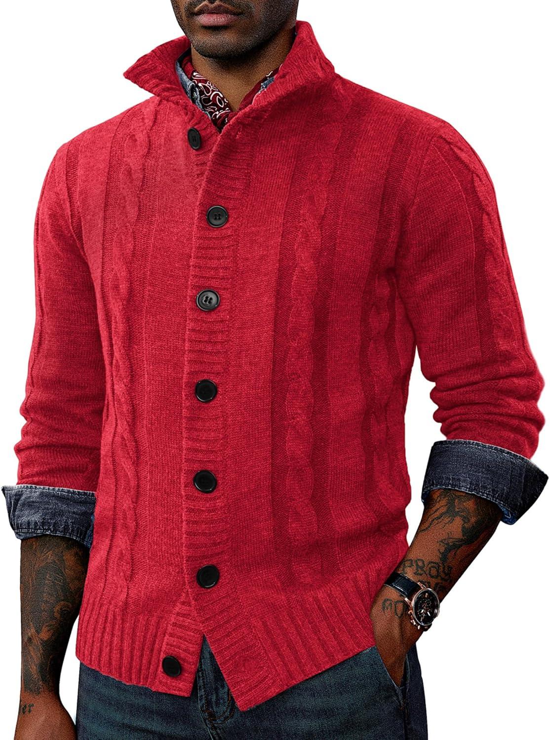 imagePJ PAUL JONES Mens Cable Knit Cardigan Sweaters Casual Stand Collar Slim Fit Long Sleeve Button Down SweatersRed