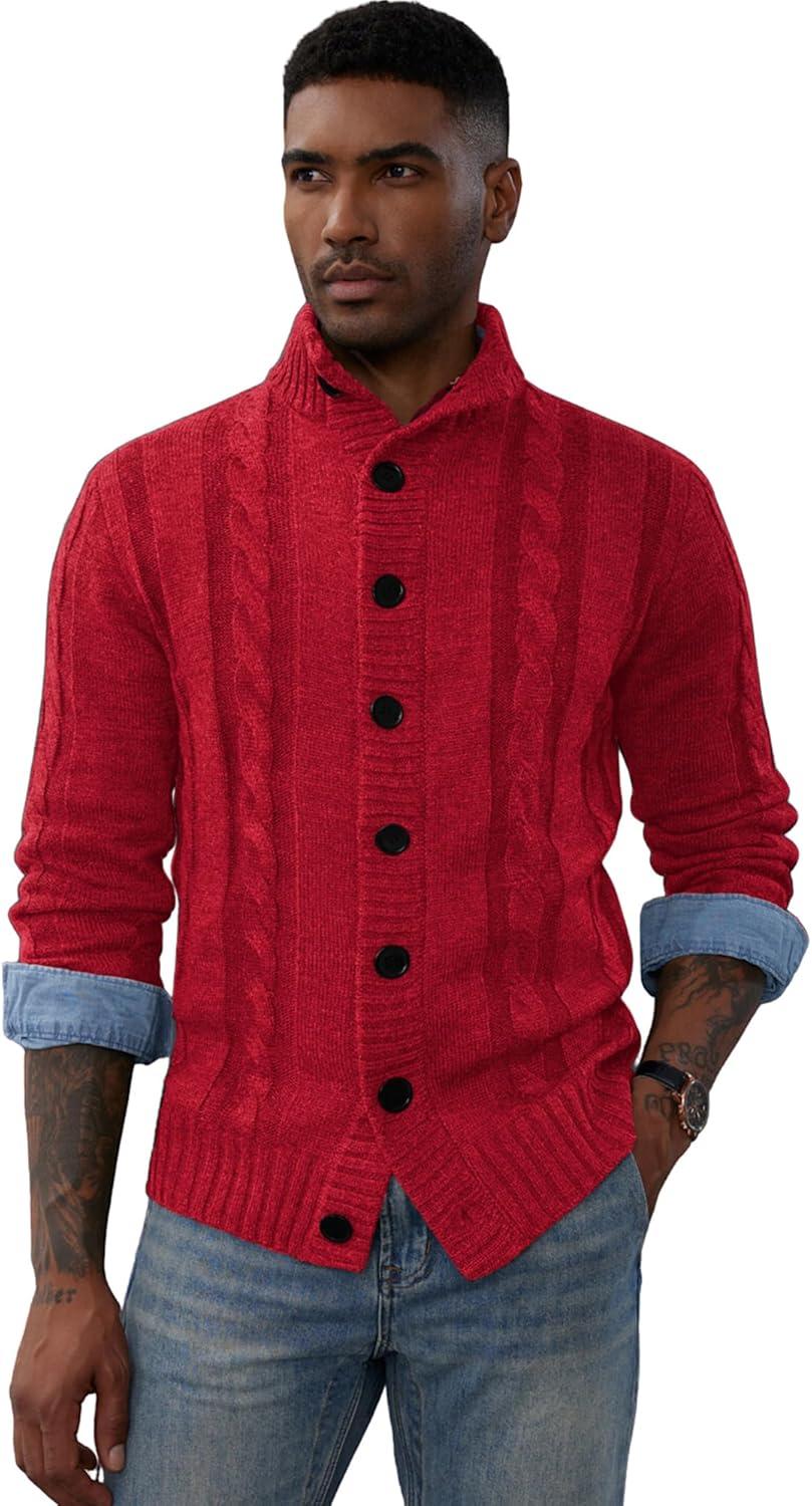 imagePJ PAUL JONES Mens Cable Knit Cardigan Sweaters Casual Stand Collar Slim Fit Long Sleeve Button Down SweatersRed