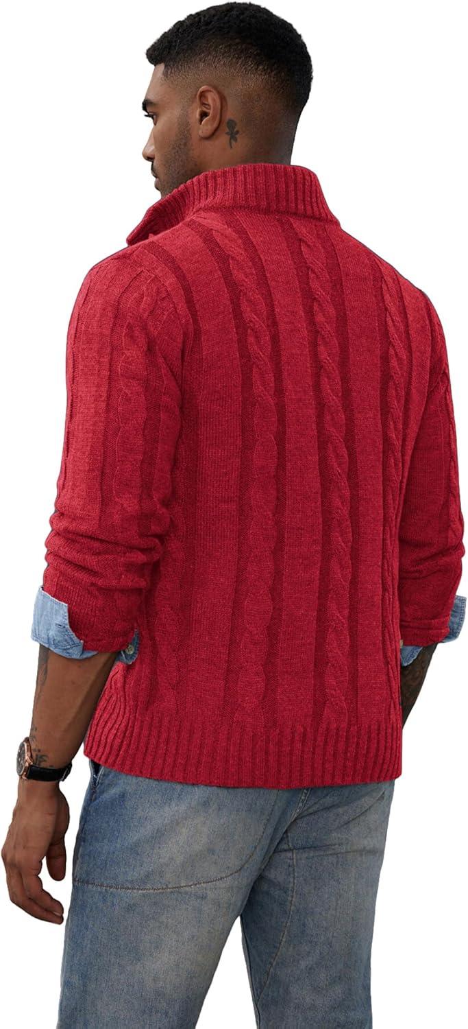 imagePJ PAUL JONES Mens Cable Knit Cardigan Sweaters Casual Stand Collar Slim Fit Long Sleeve Button Down SweatersRed