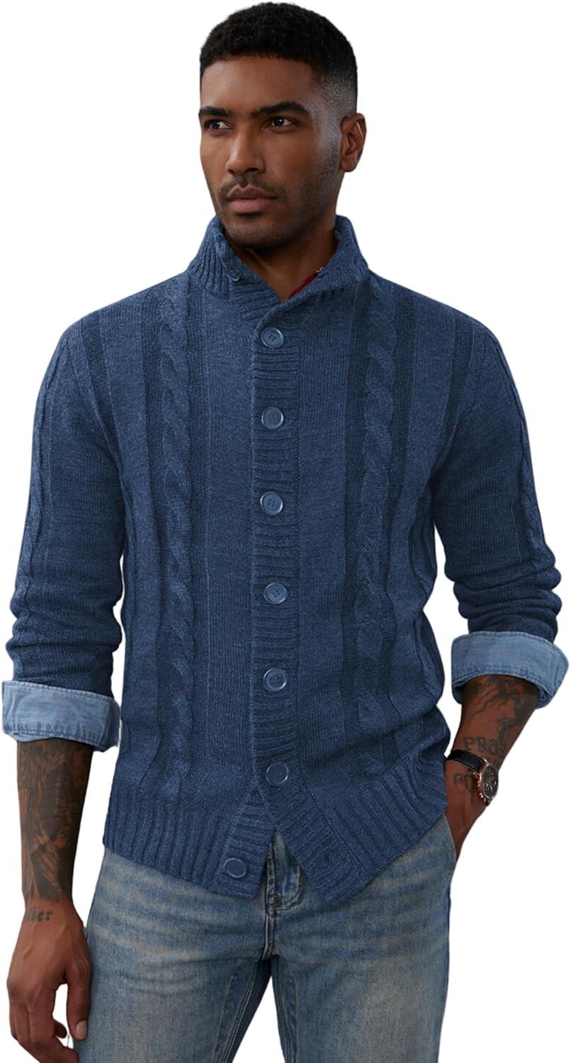 imagePJ PAUL JONES Mens Cable Knit Cardigan Sweaters Casual Stand Collar Slim Fit Long Sleeve Button Down SweatersSteel Blue
