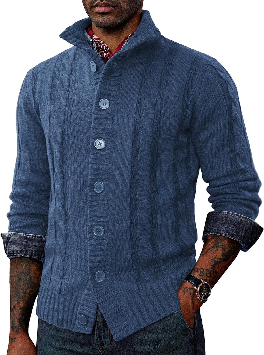 imagePJ PAUL JONES Mens Cable Knit Cardigan Sweaters Casual Stand Collar Slim Fit Long Sleeve Button Down SweatersSteel Blue