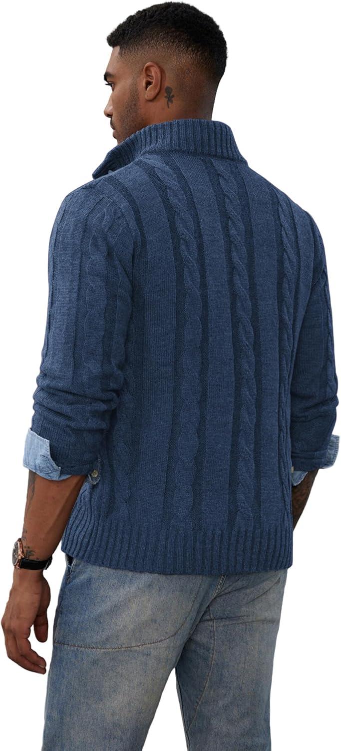 imagePJ PAUL JONES Mens Cable Knit Cardigan Sweaters Casual Stand Collar Slim Fit Long Sleeve Button Down SweatersSteel Blue