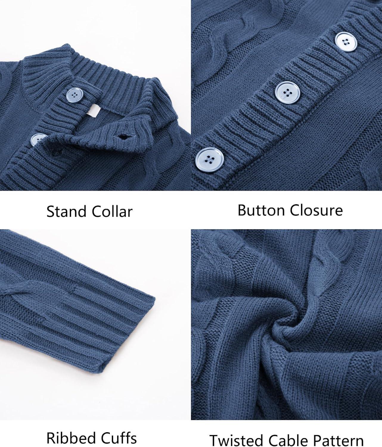 imagePJ PAUL JONES Mens Cable Knit Cardigan Sweaters Casual Stand Collar Slim Fit Long Sleeve Button Down SweatersSteel Blue