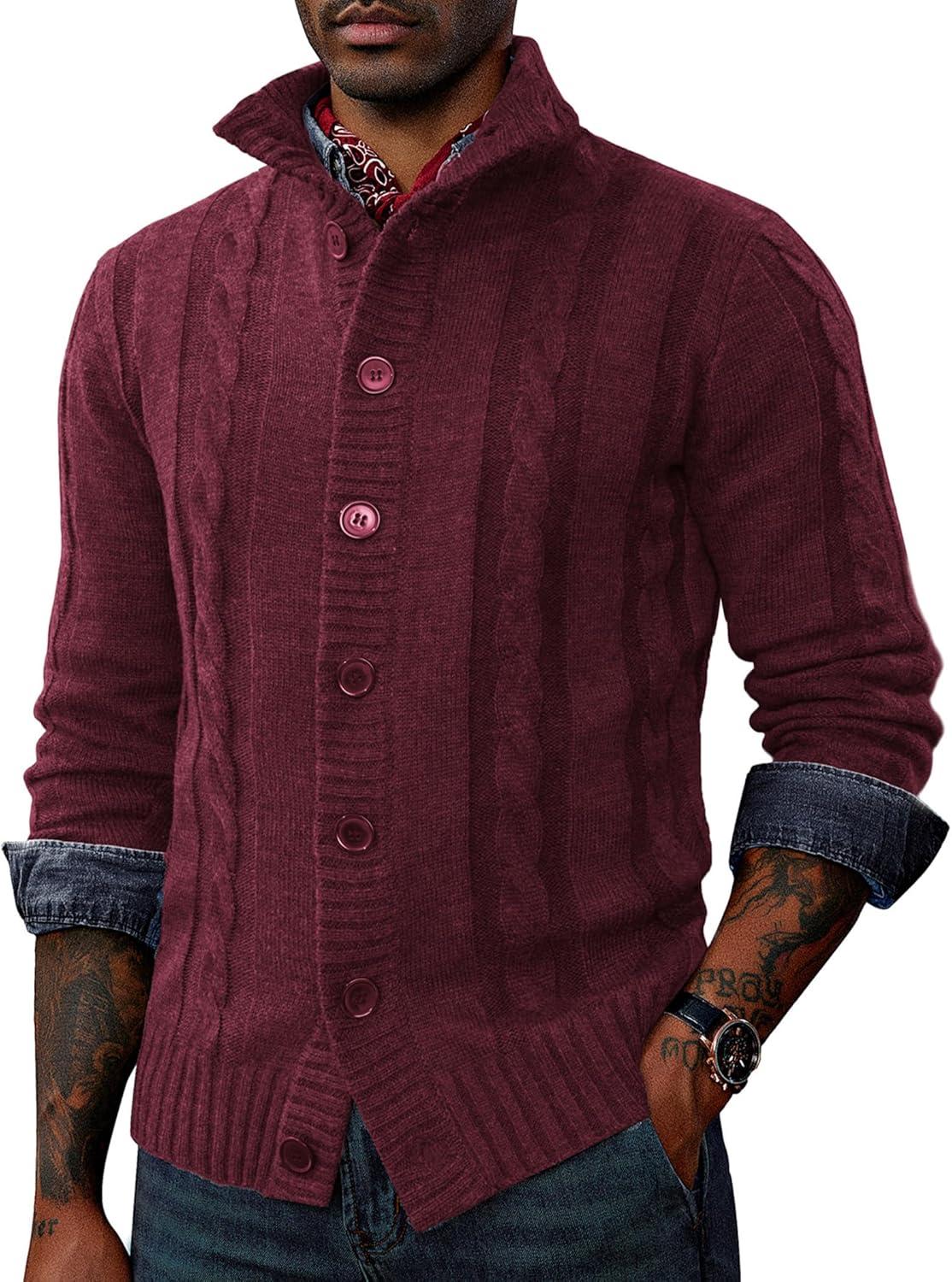 imagePJ PAUL JONES Mens Cable Knit Cardigan Sweaters Casual Stand Collar Slim Fit Long Sleeve Button Down SweatersWine