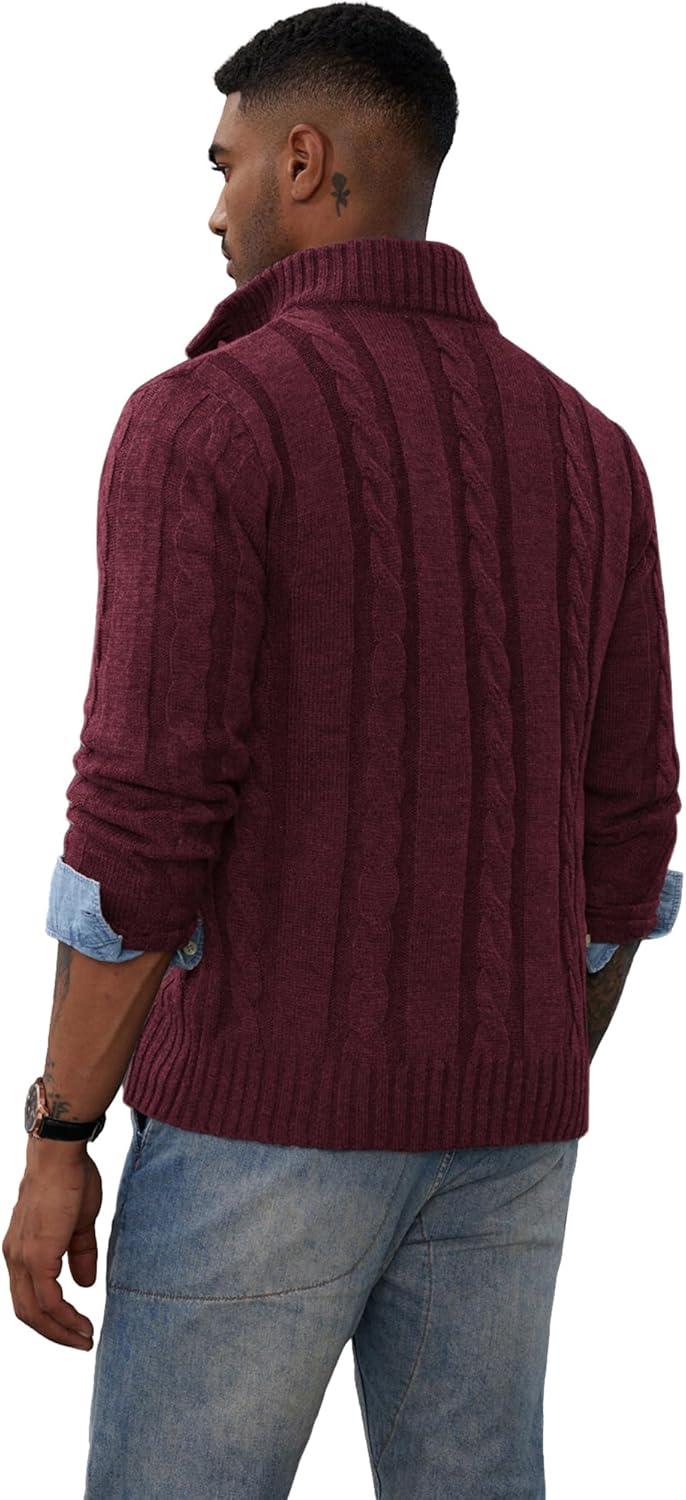 imagePJ PAUL JONES Mens Cable Knit Cardigan Sweaters Casual Stand Collar Slim Fit Long Sleeve Button Down SweatersWine