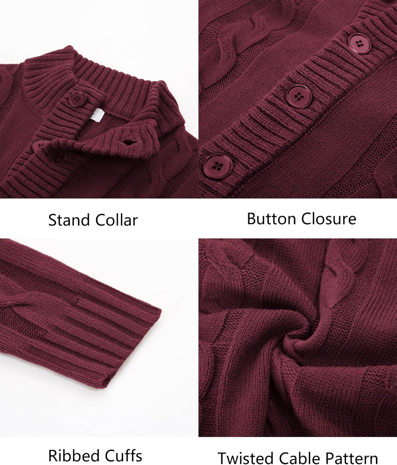 imagePJ PAUL JONES Mens Cable Knit Cardigan Sweaters Casual Stand Collar Slim Fit Long Sleeve Button Down SweatersWine