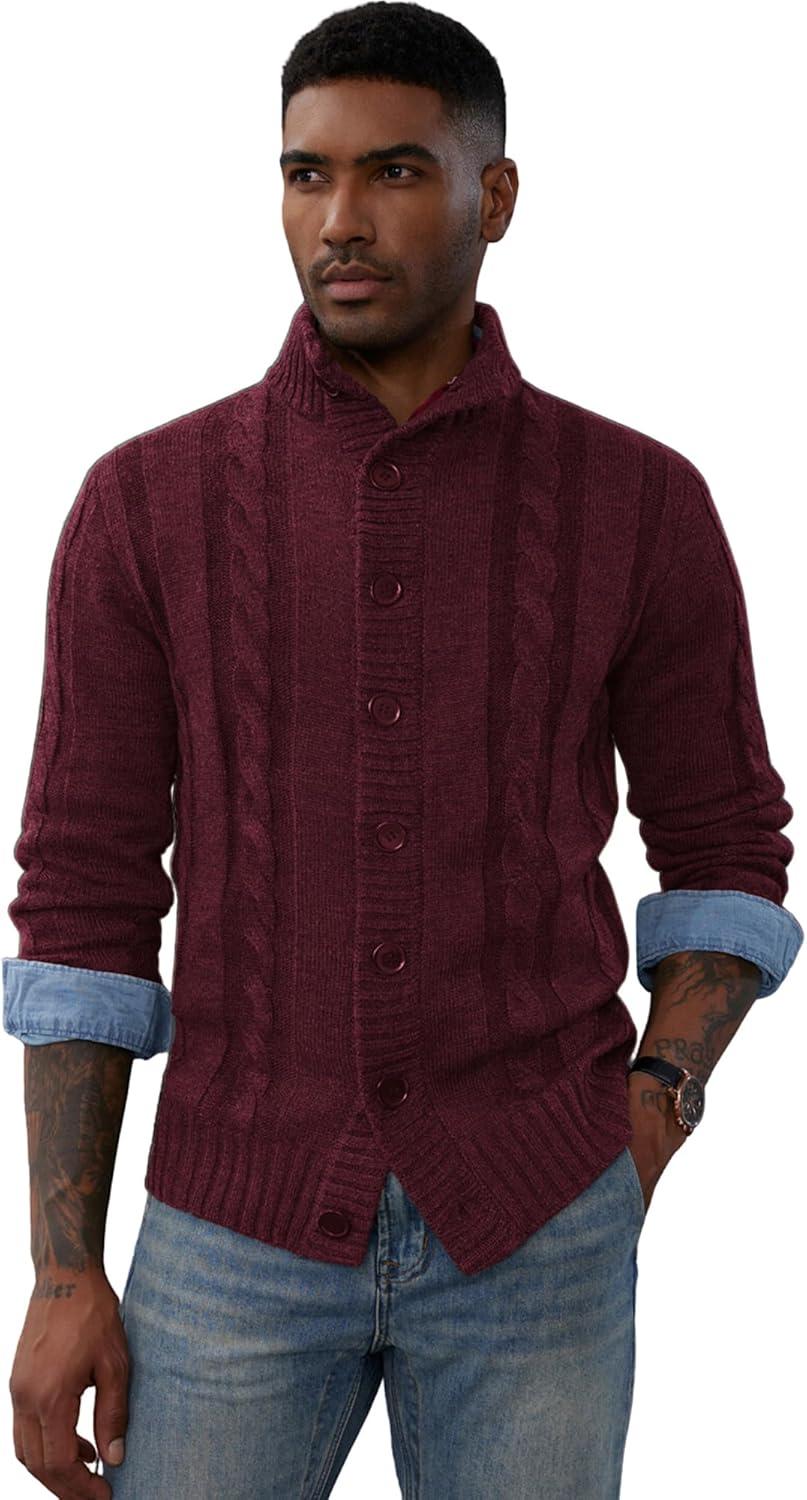 imagePJ PAUL JONES Mens Cable Knit Cardigan Sweaters Casual Stand Collar Slim Fit Long Sleeve Button Down SweatersWine