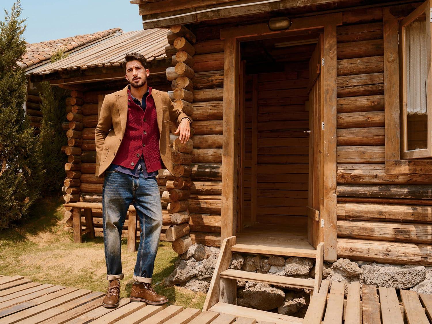 imagePJ PAUL JONES Mens Cable Knit Cardigan Sweaters Casual Stand Collar Slim Fit Long Sleeve Button Down SweatersWine Redcable