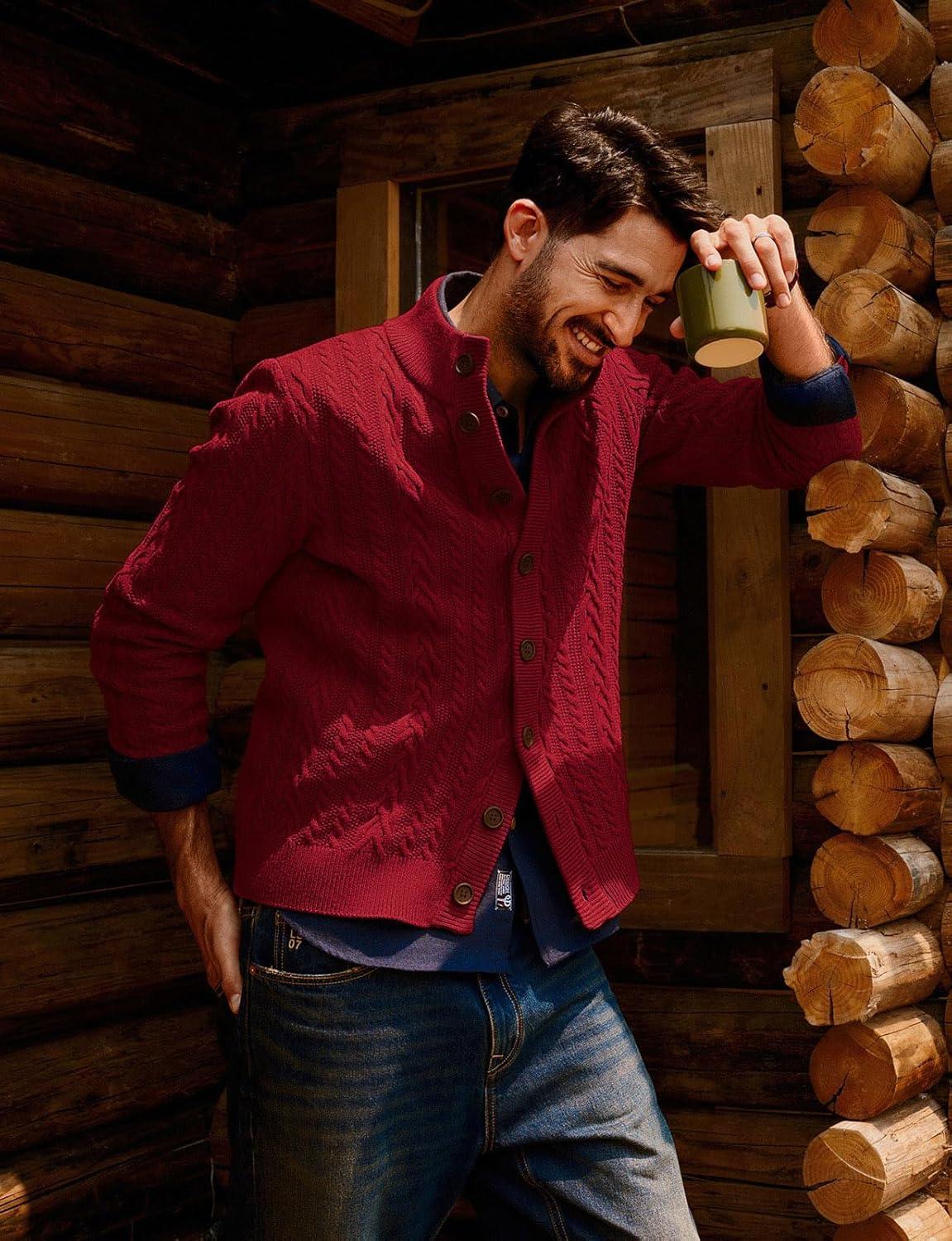 imagePJ PAUL JONES Mens Cable Knit Cardigan Sweaters Casual Stand Collar Slim Fit Long Sleeve Button Down SweatersWine Redcable