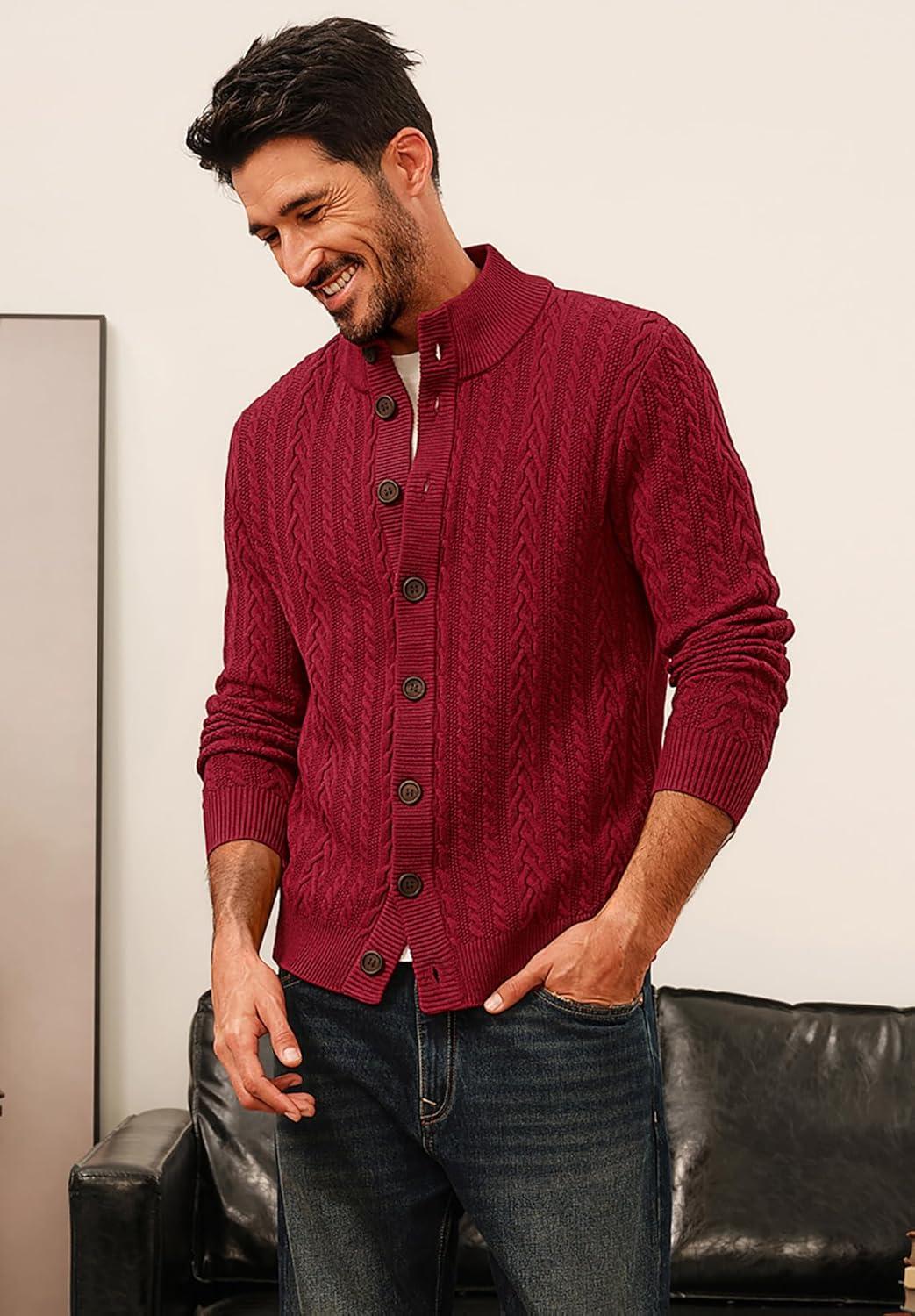 imagePJ PAUL JONES Mens Cable Knit Cardigan Sweaters Casual Stand Collar Slim Fit Long Sleeve Button Down SweatersWine Redcable
