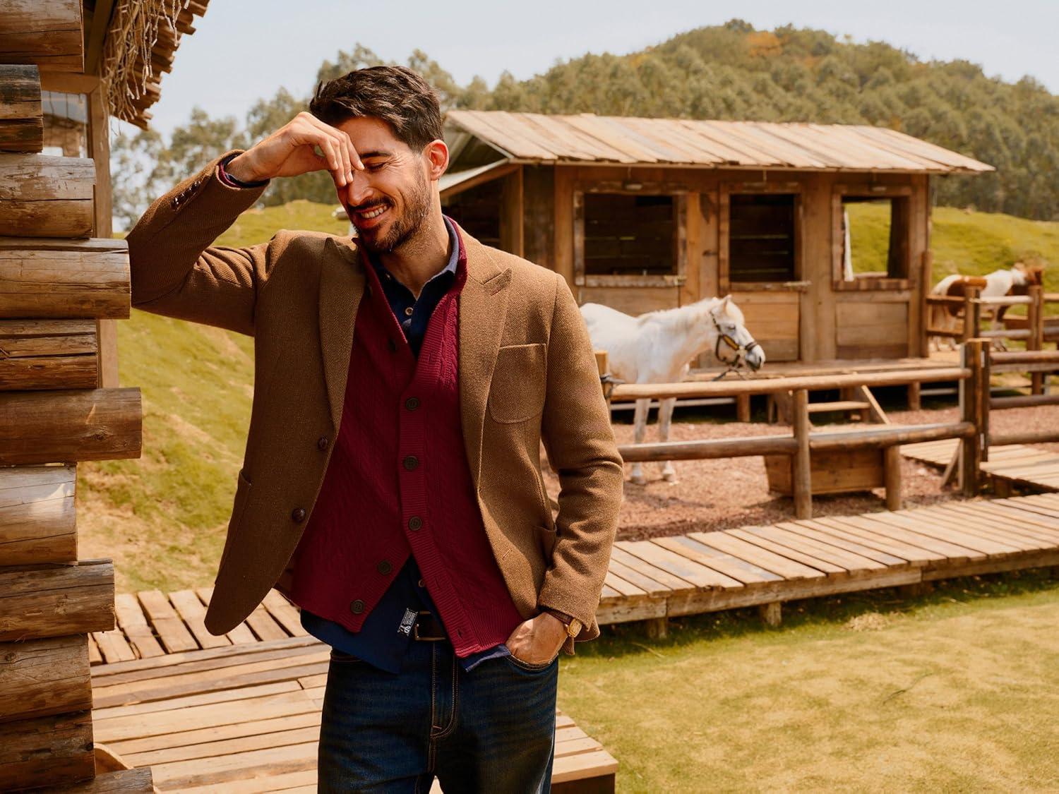 imagePJ PAUL JONES Mens Cable Knit Cardigan Sweaters Casual Stand Collar Slim Fit Long Sleeve Button Down SweatersWine Redcable