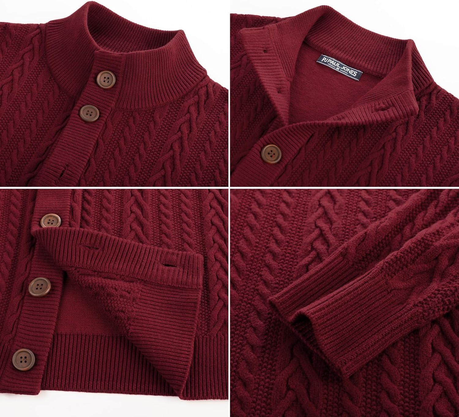 imagePJ PAUL JONES Mens Cable Knit Cardigan Sweaters Casual Stand Collar Slim Fit Long Sleeve Button Down SweatersWine Redcable