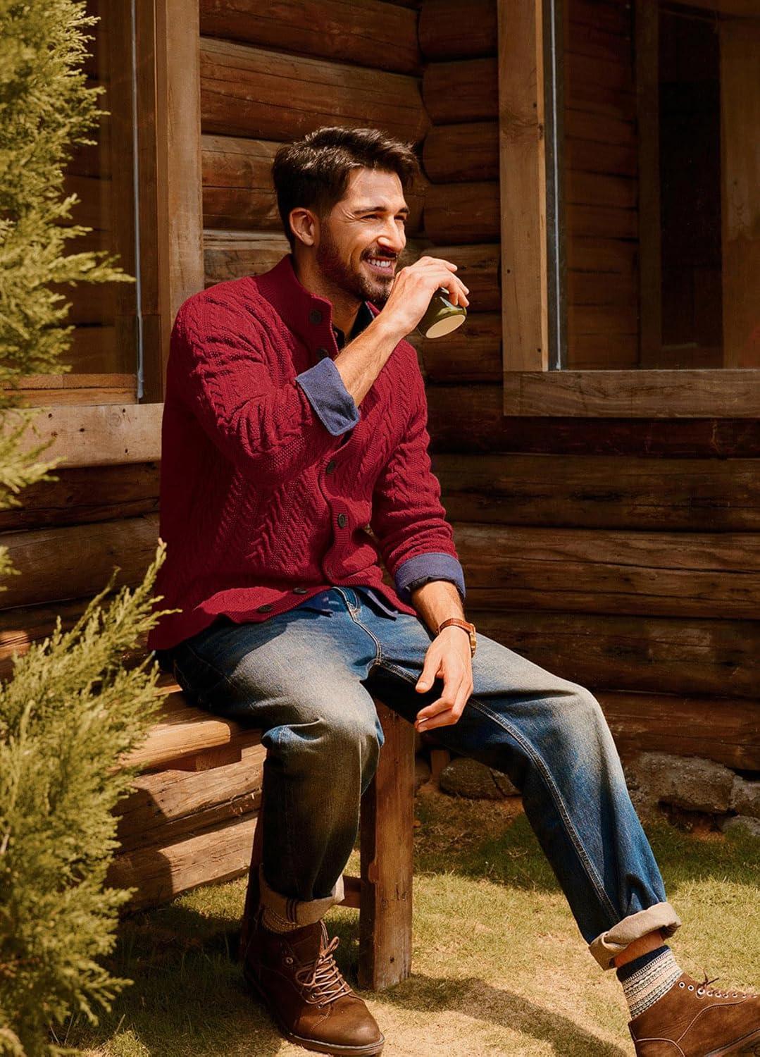 imagePJ PAUL JONES Mens Cable Knit Cardigan Sweaters Casual Stand Collar Slim Fit Long Sleeve Button Down SweatersWine Redcable