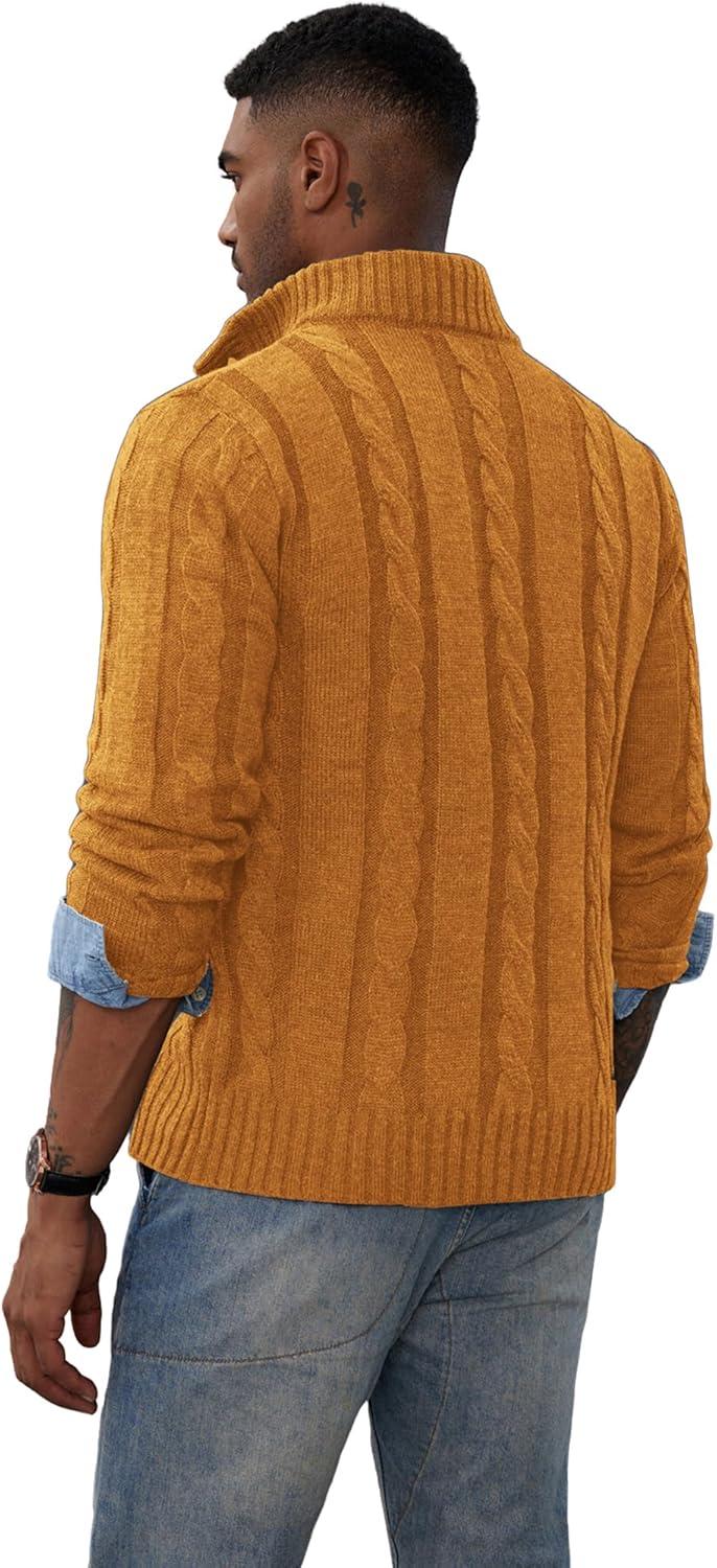 imagePJ PAUL JONES Mens Cable Knit Cardigan Sweaters Casual Stand Collar Slim Fit Long Sleeve Button Down SweatersYellow