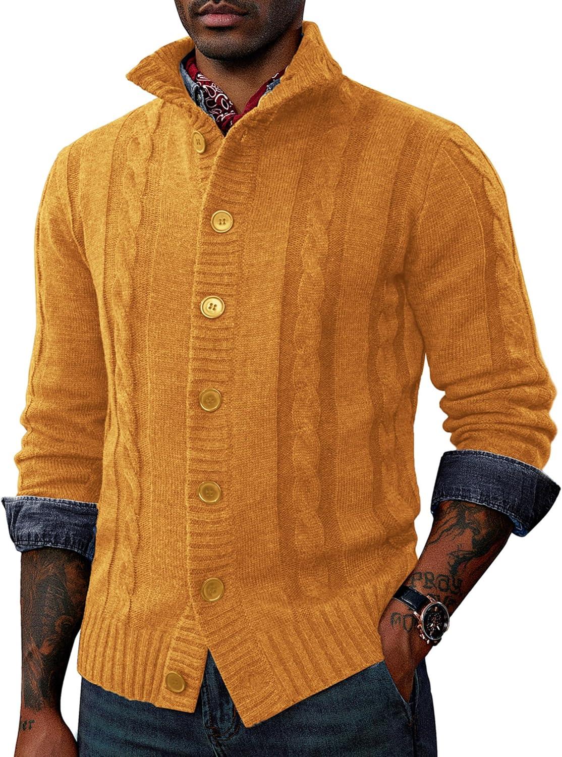 imagePJ PAUL JONES Mens Cable Knit Cardigan Sweaters Casual Stand Collar Slim Fit Long Sleeve Button Down SweatersYellow