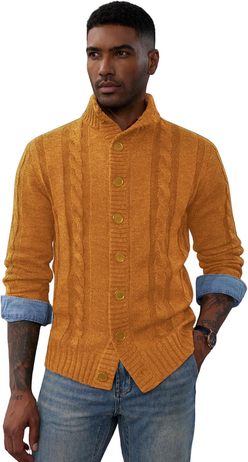 imagePJ PAUL JONES Mens Cable Knit Cardigan Sweaters Casual Stand Collar Slim Fit Long Sleeve Button Down SweatersYellow